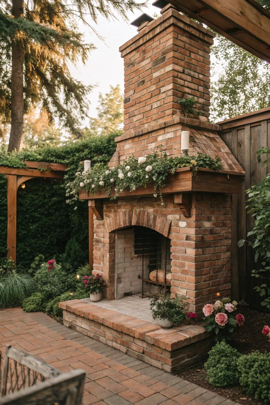 A rustic farmhouse-style fireplace offers countryside charm.
