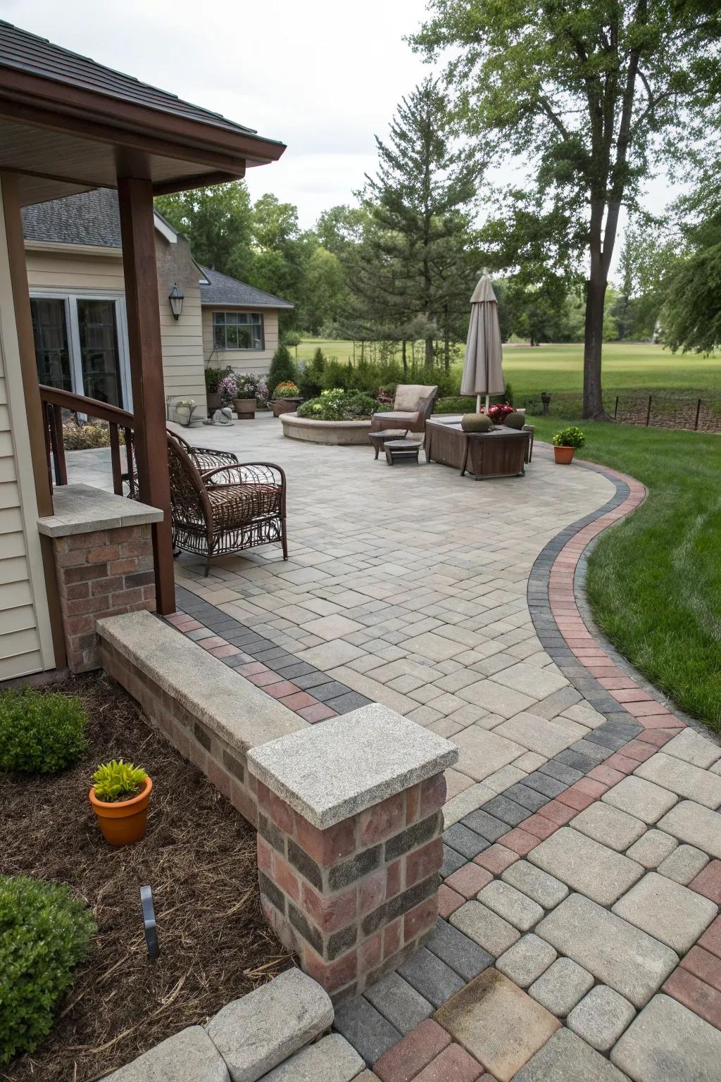 Layered patio designs with brick accents.
