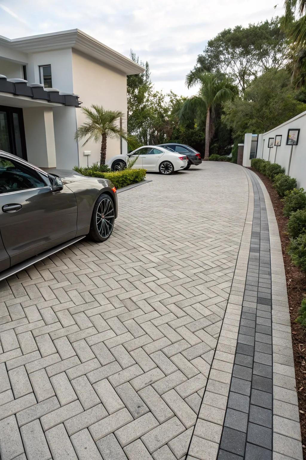 A modern driveway featuring a running bond brick paver pattern and minimalistic landscaping.