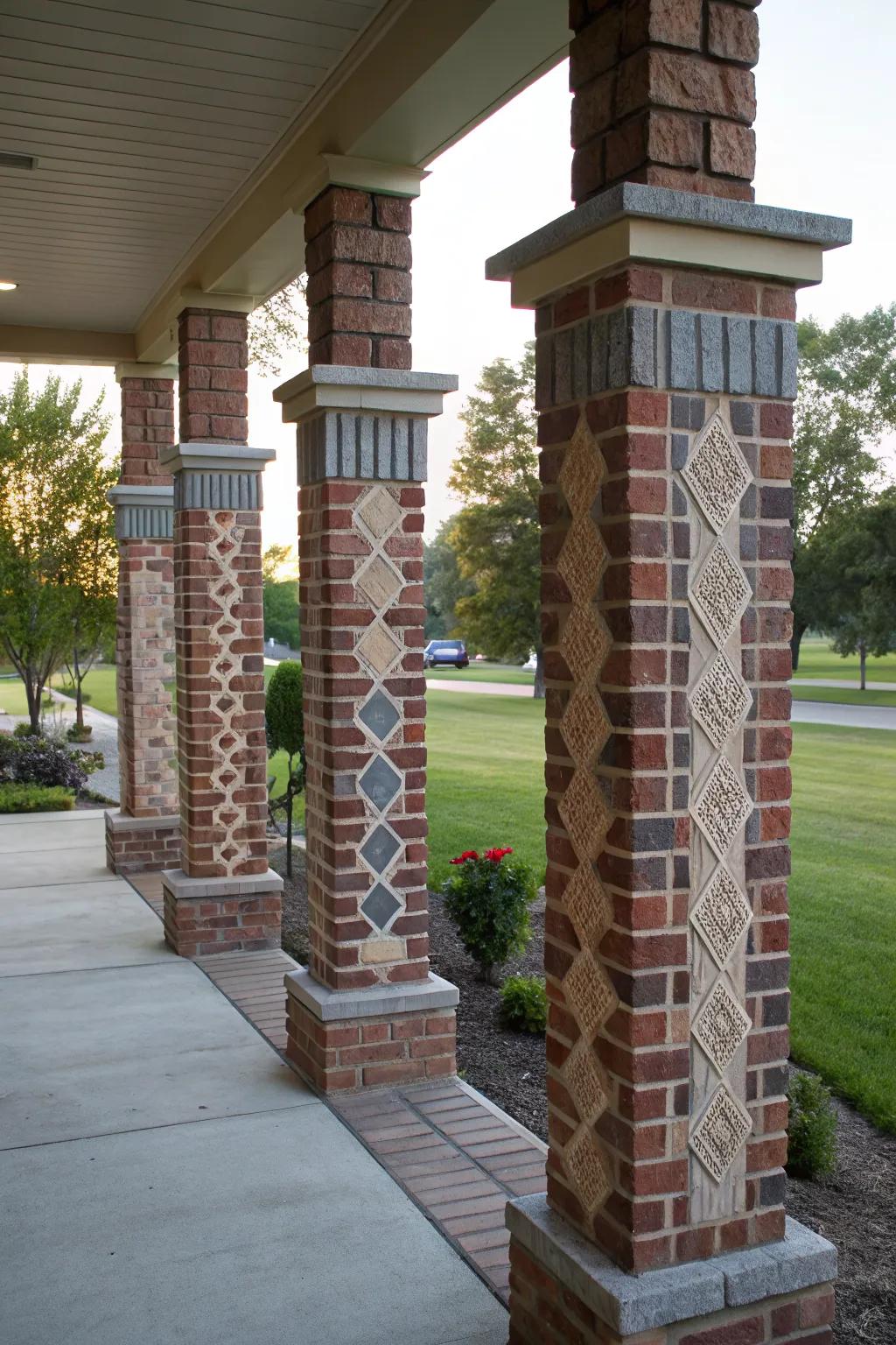 Brick pillars with diverse patterns and colors, enhancing home aesthetics.