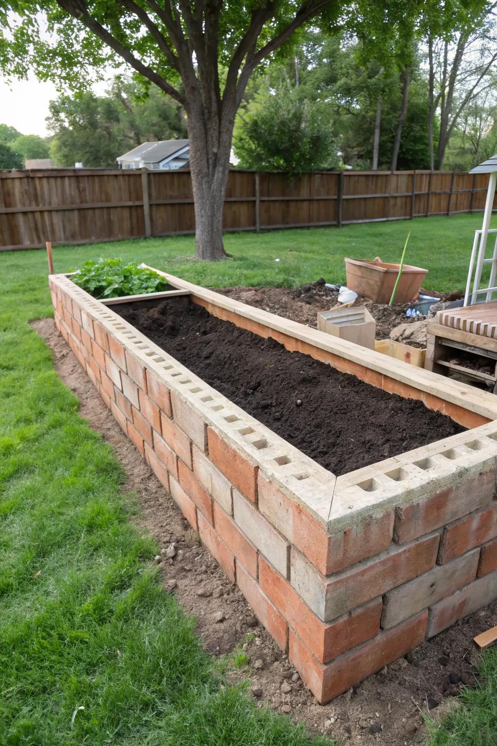 A DIY brick planter box ready to be filled with greenery.