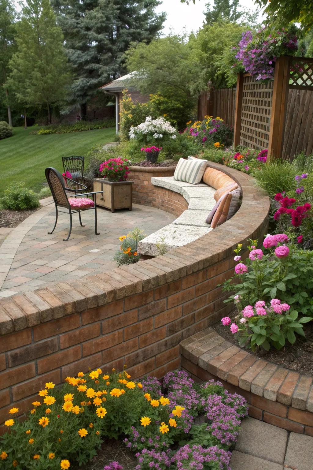 A playful curved brick planter wall framing a serene garden space.