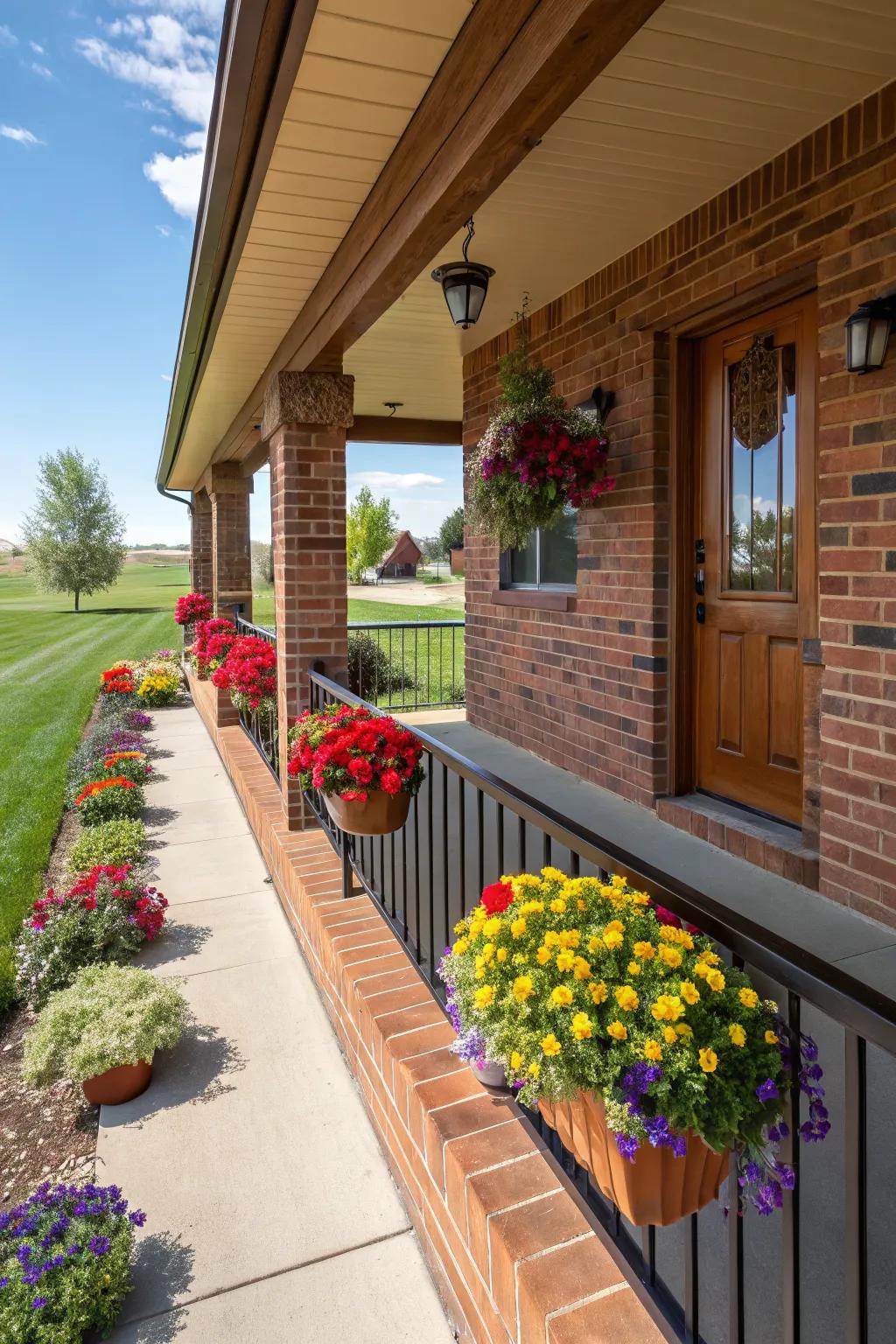 Vibrant flower boxes bring color and life to the front porch.