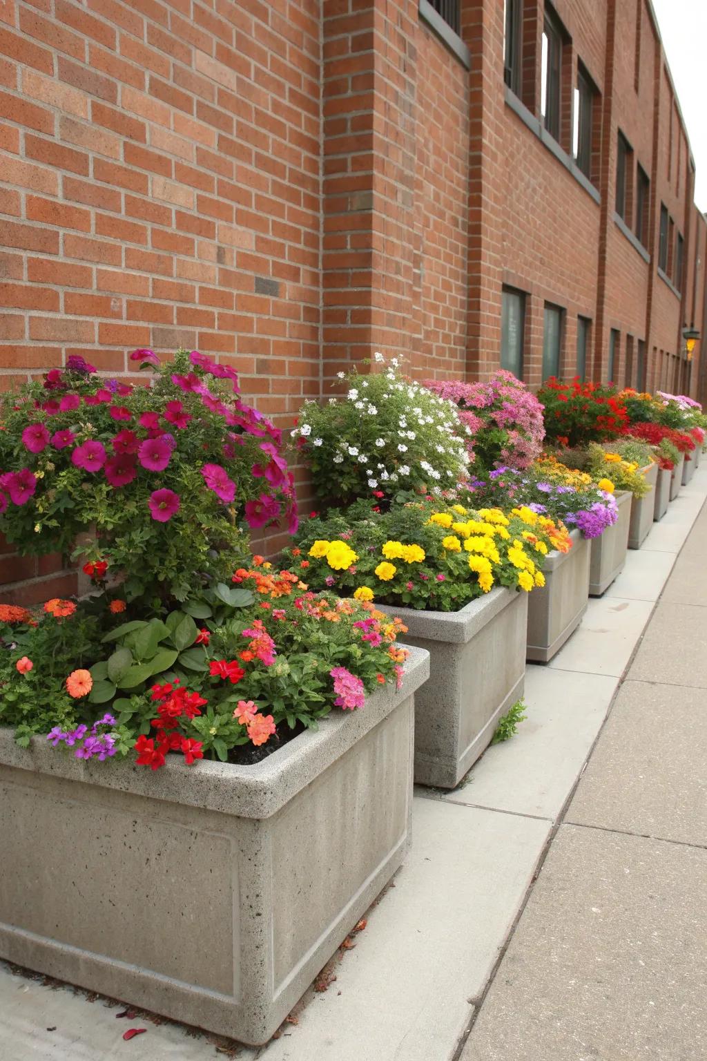 Vibrant raised planters add depth to a brick wall.