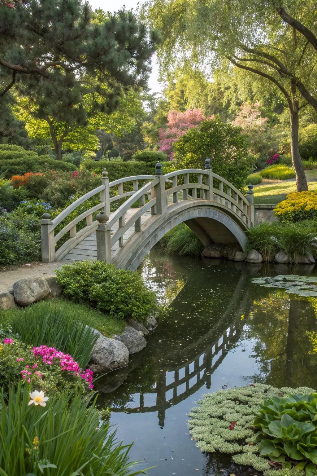 An arched bridge adds elegance to a backyard pond.