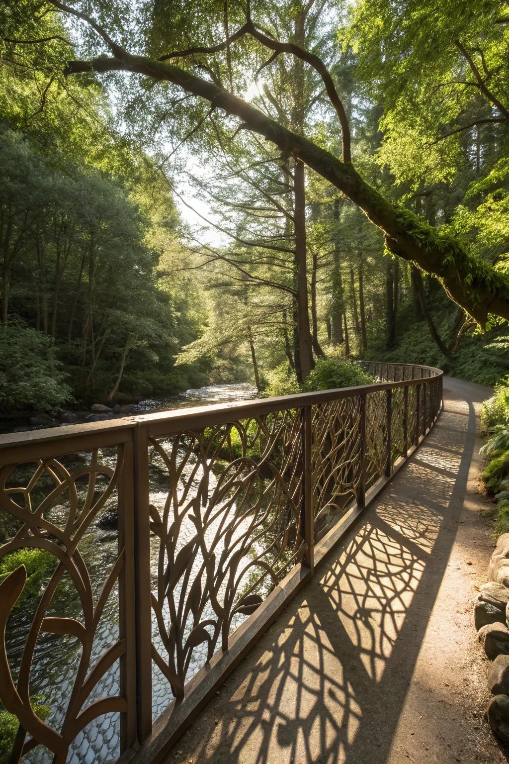 Nature-inspired railings beautifully integrate with the forest backdrop.