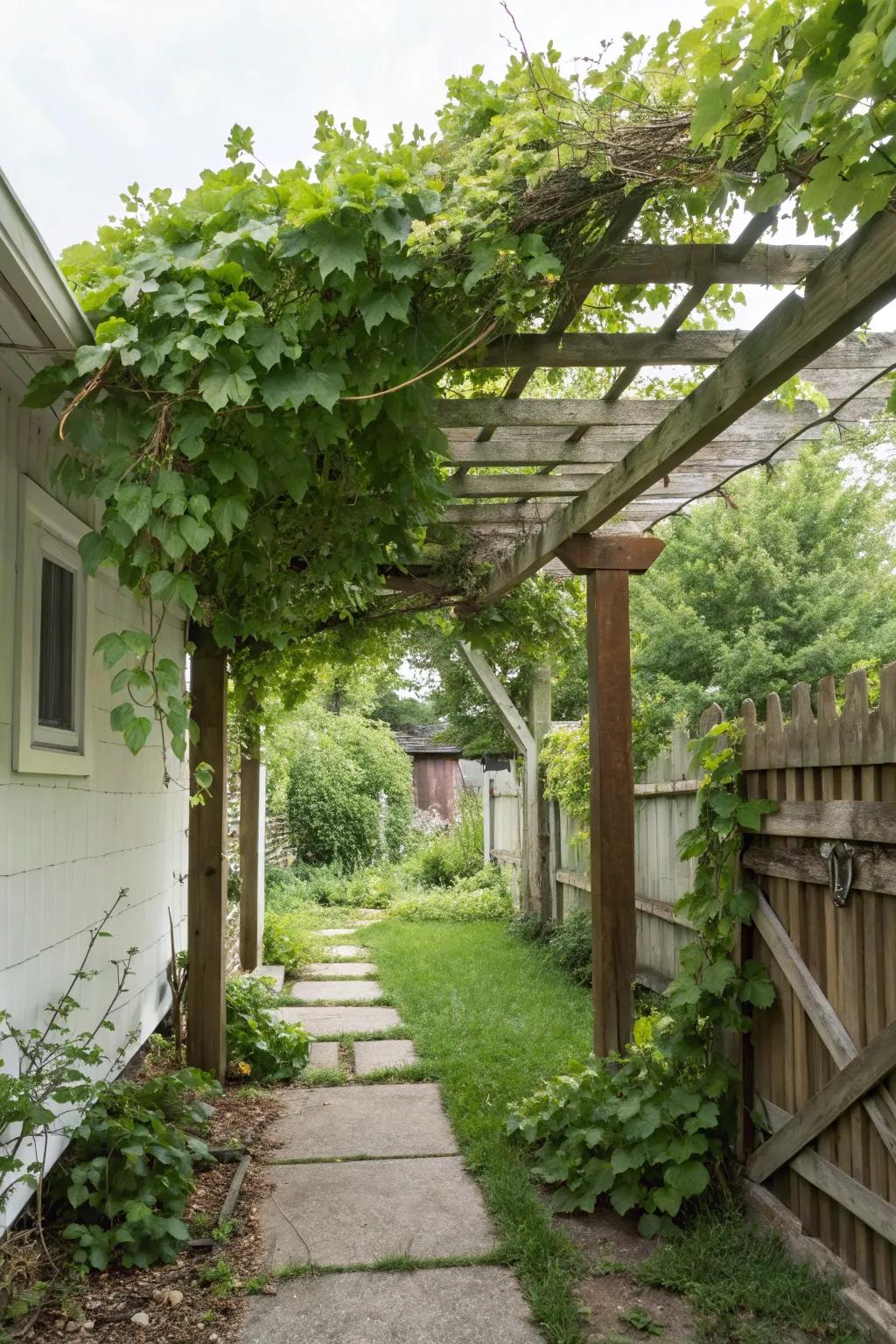 A trellis with vines creates a private, shaded oasis.
