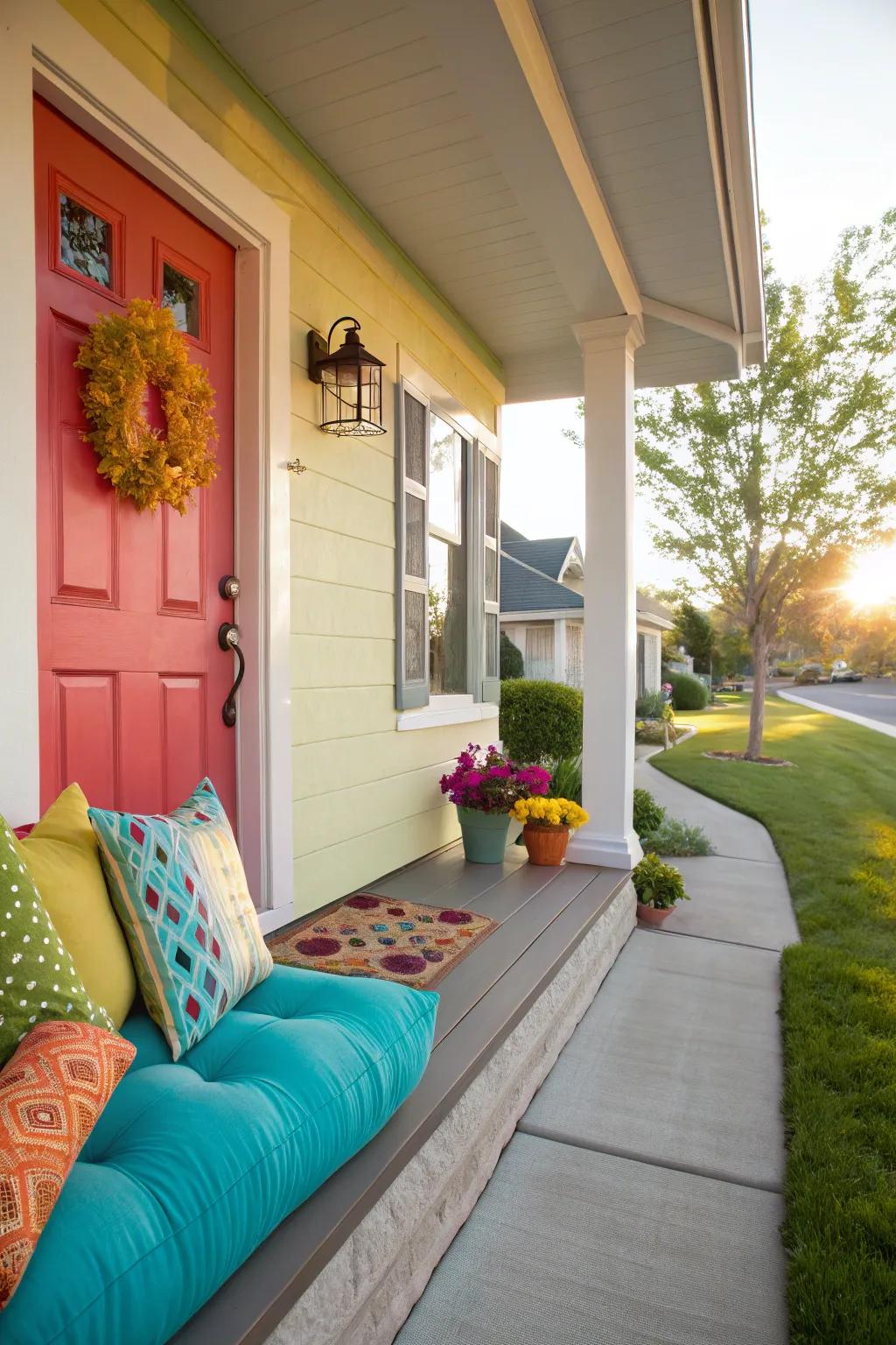 Bright colors bring a lively vibe to this porch.