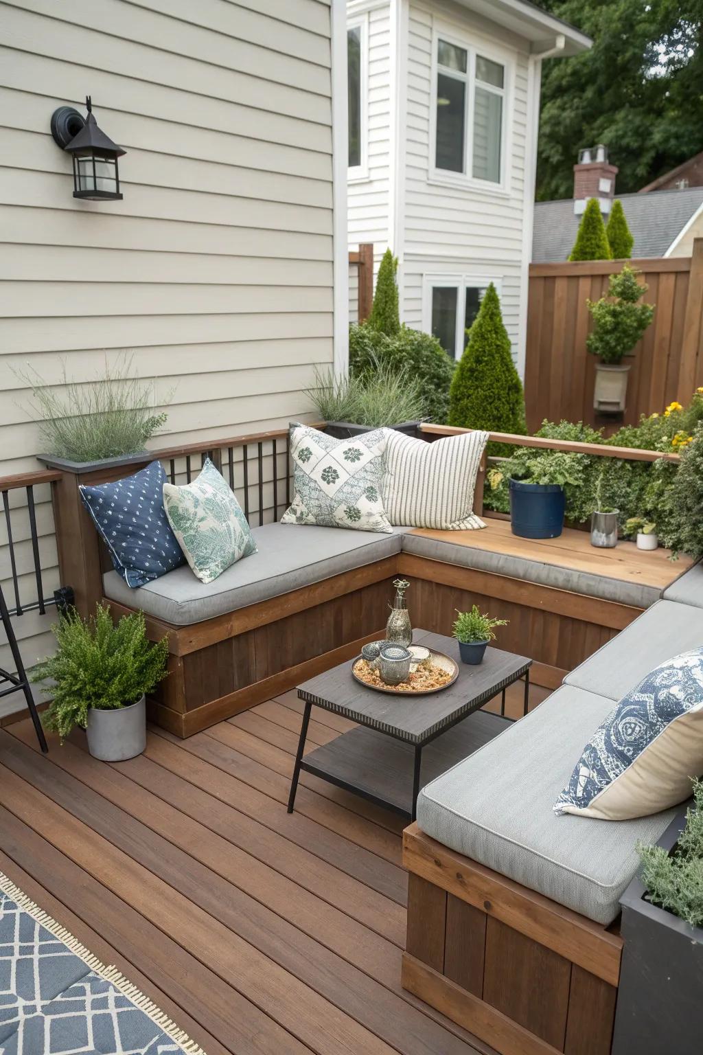 Corner seating for a cozy and efficient deck layout.