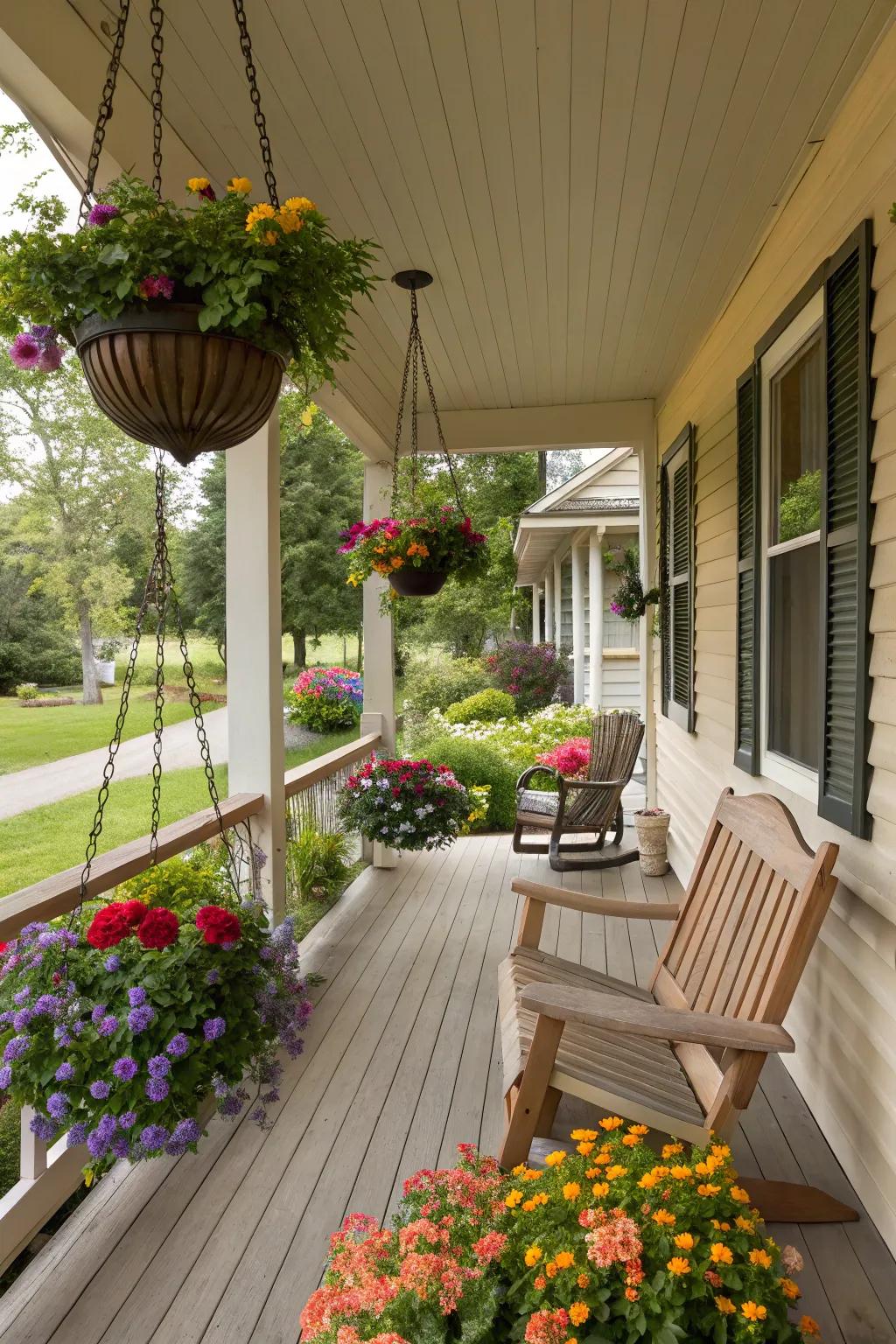 Hanging planters add vertical interest and a pop of color to the porch.