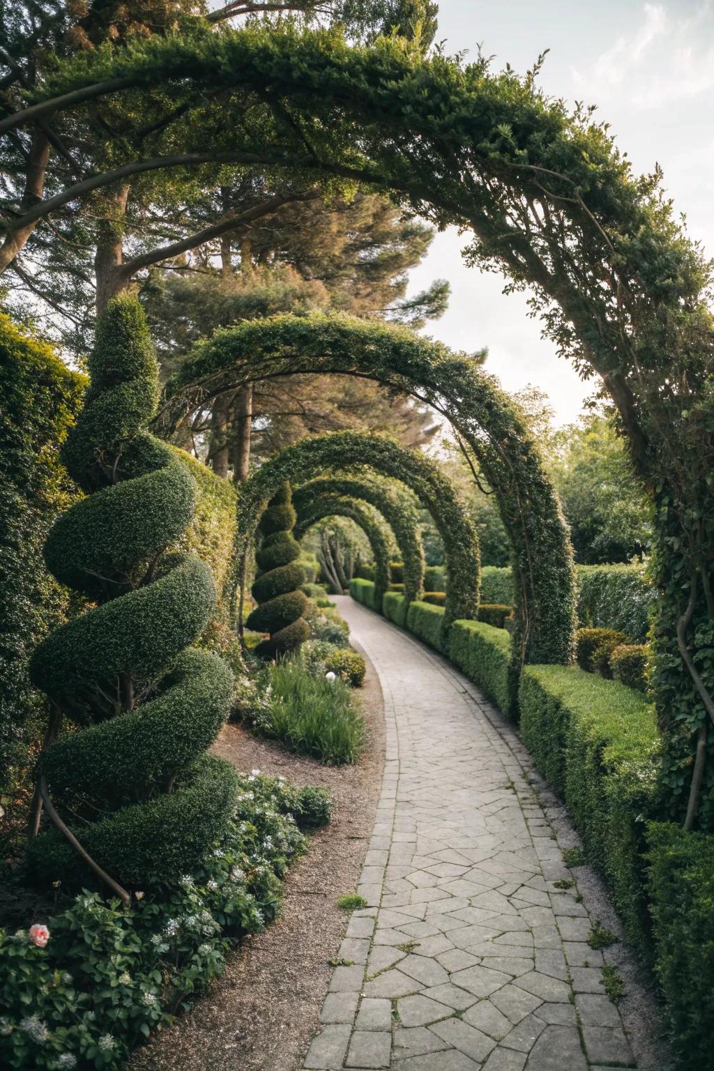 Spiral bushes add a touch of elegance and movement to your garden.