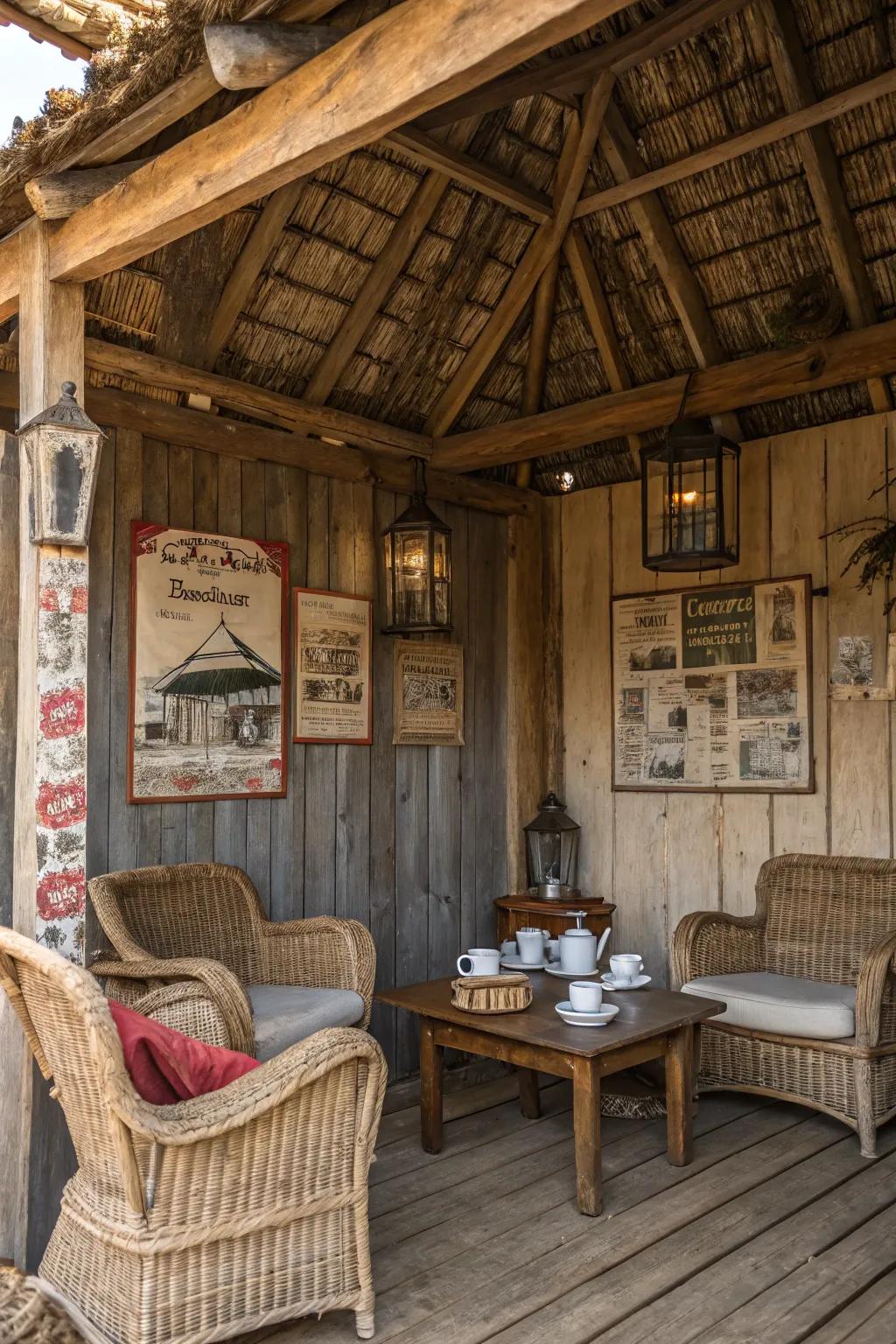 A rustic cabana with wood beams and vintage decor, perfect for a countryside escape.
