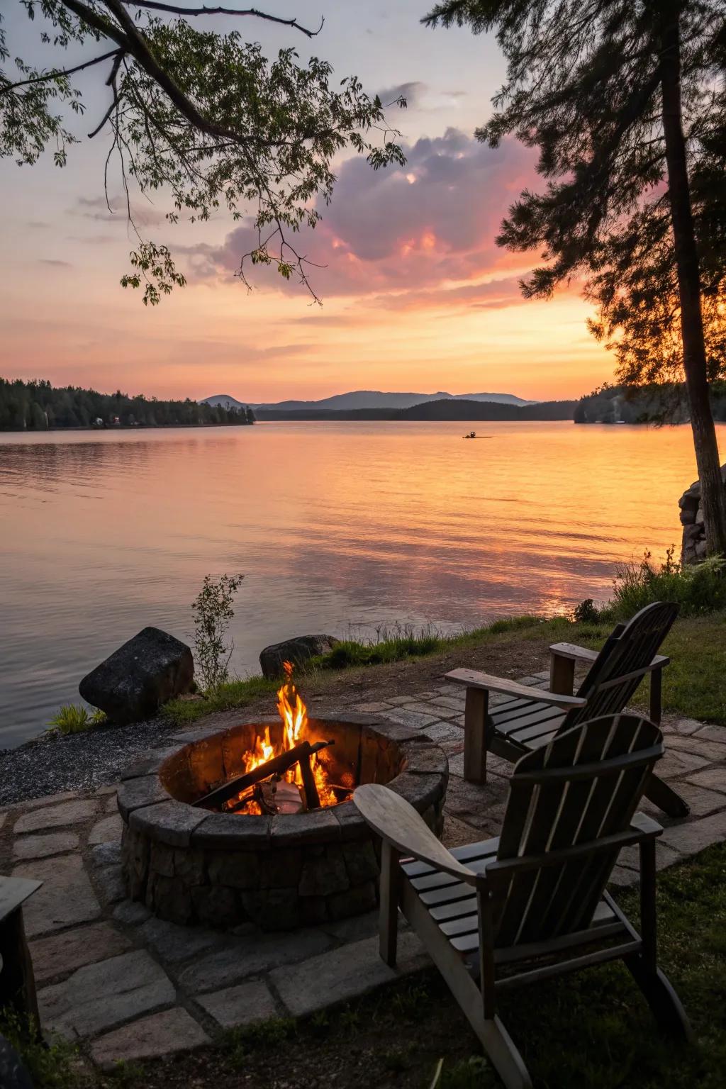 A lakeside fire pit capturing the essence of peace and relaxation.