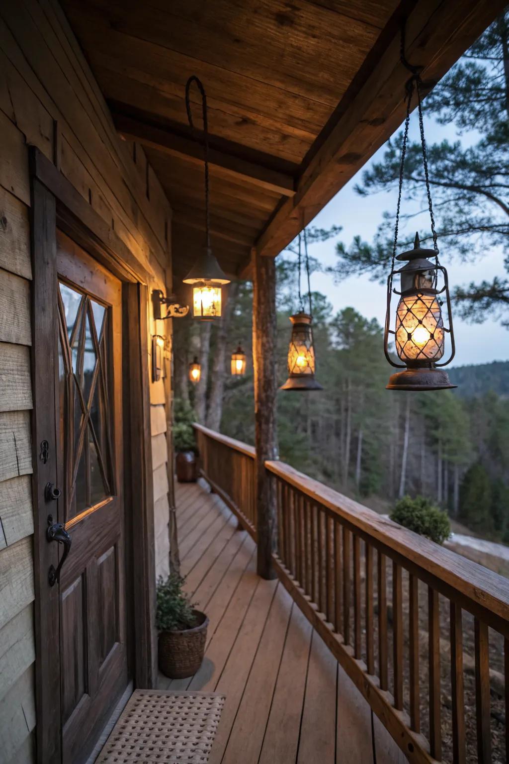 Vintage lanterns provide a warm, inviting glow.