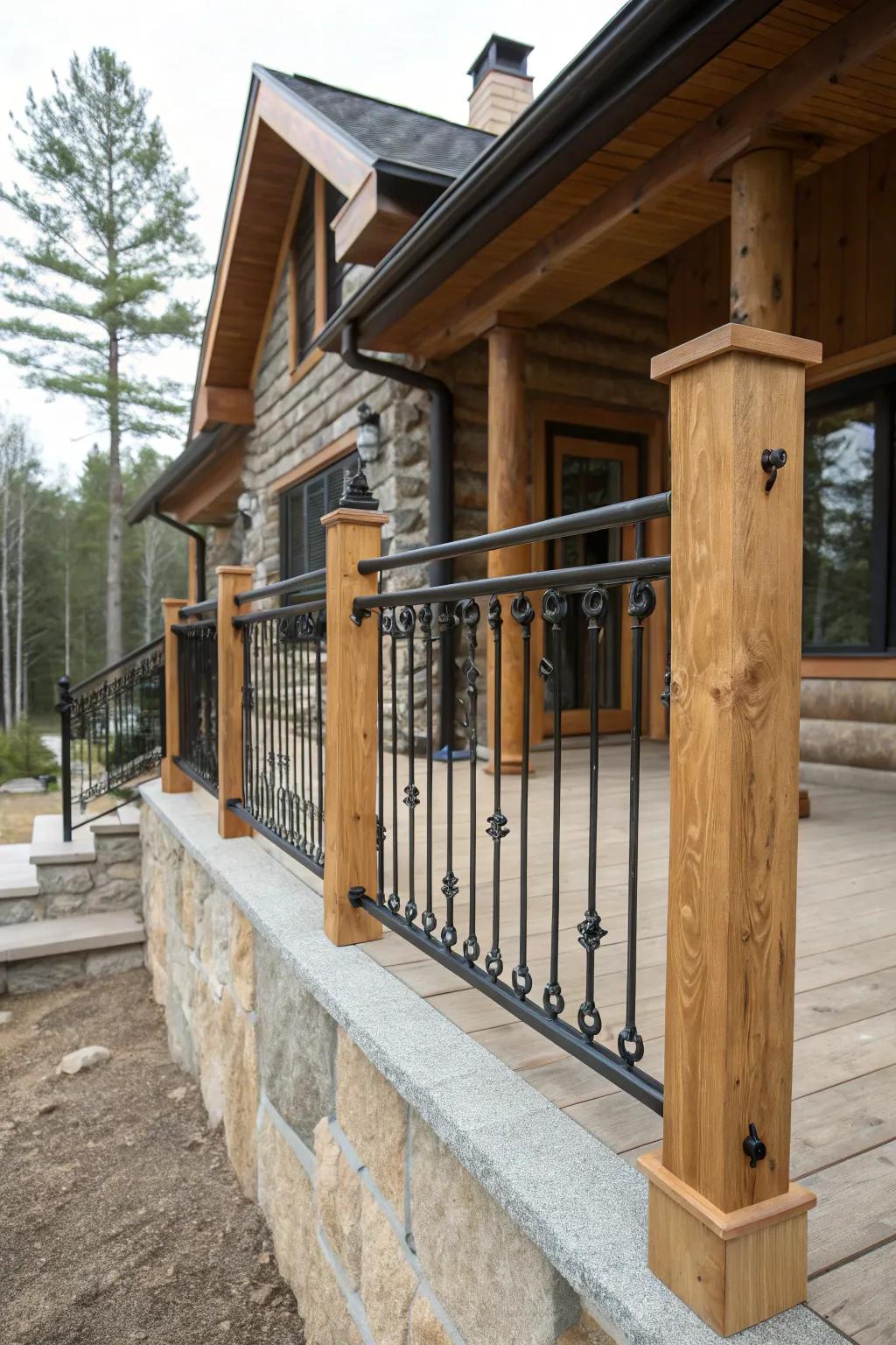 A modern rustic railing featuring black metal spindles and wooden posts.
