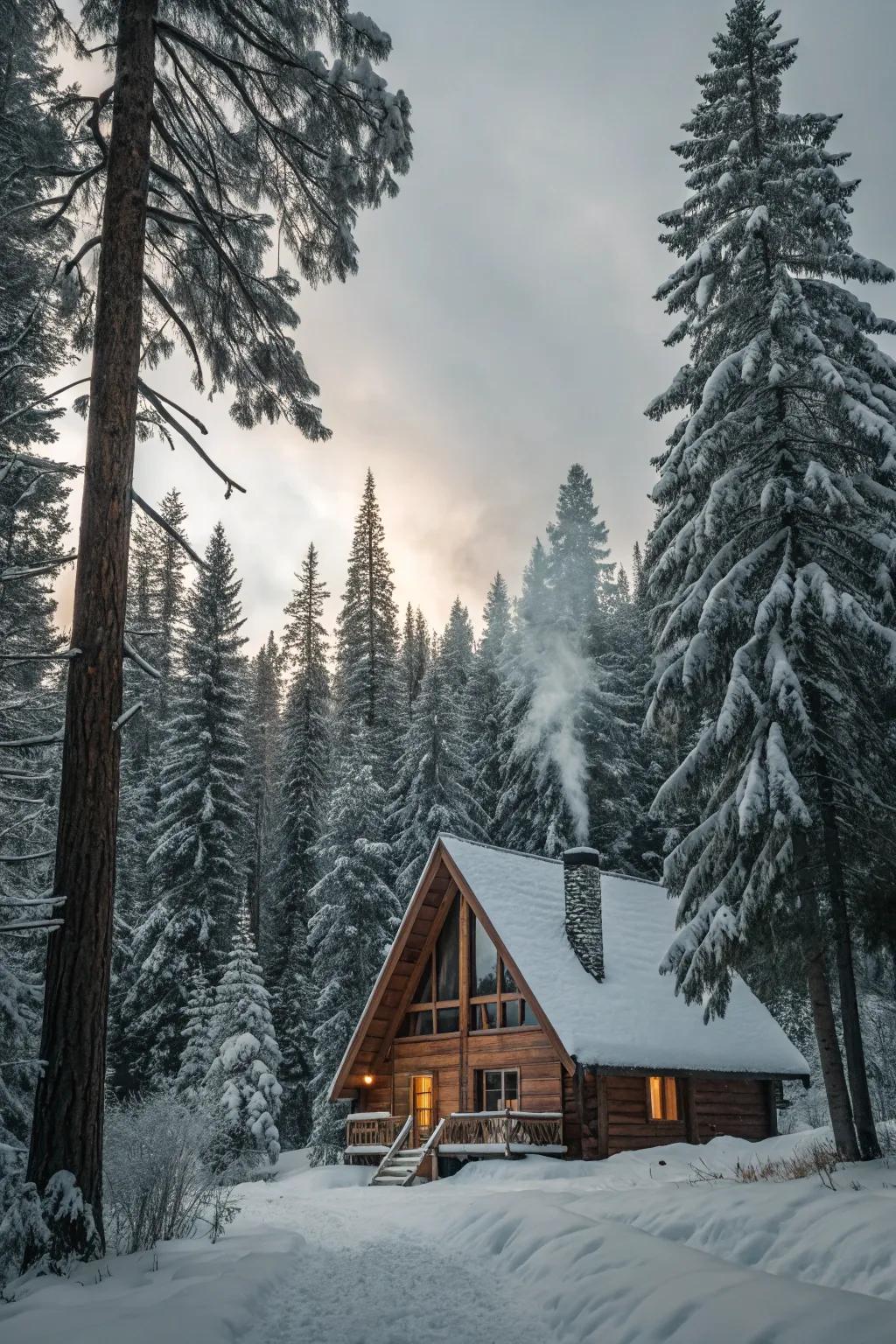 A rustic A-frame cabin beautifully settled in a snowy forest.