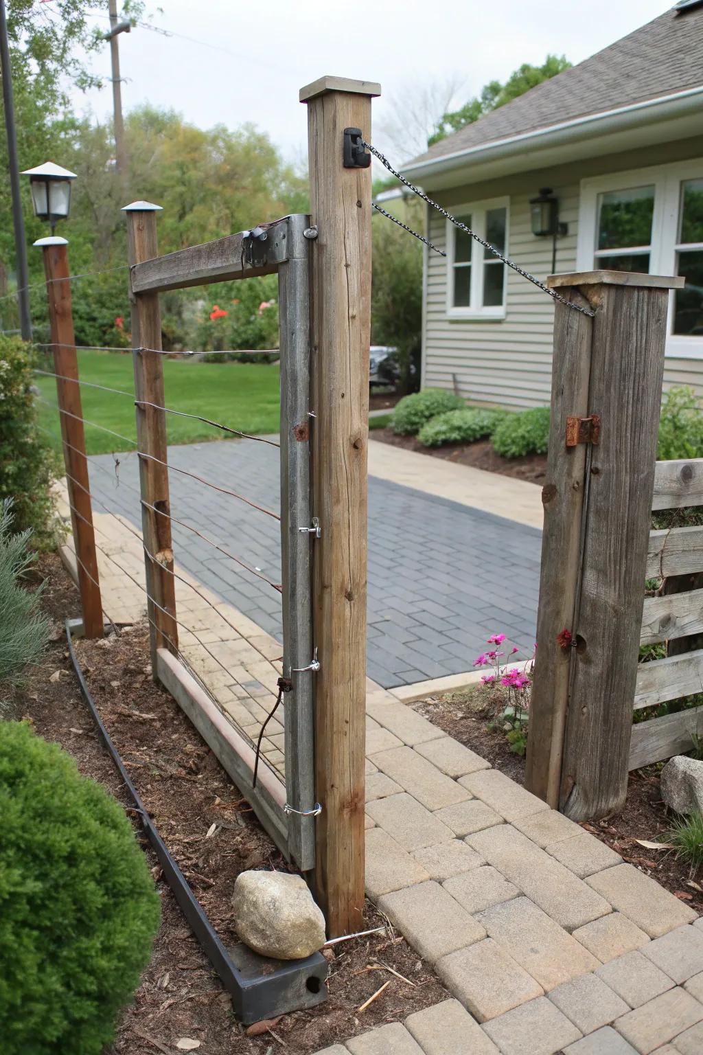 A DIY cable gate crafted from recycled materials.
