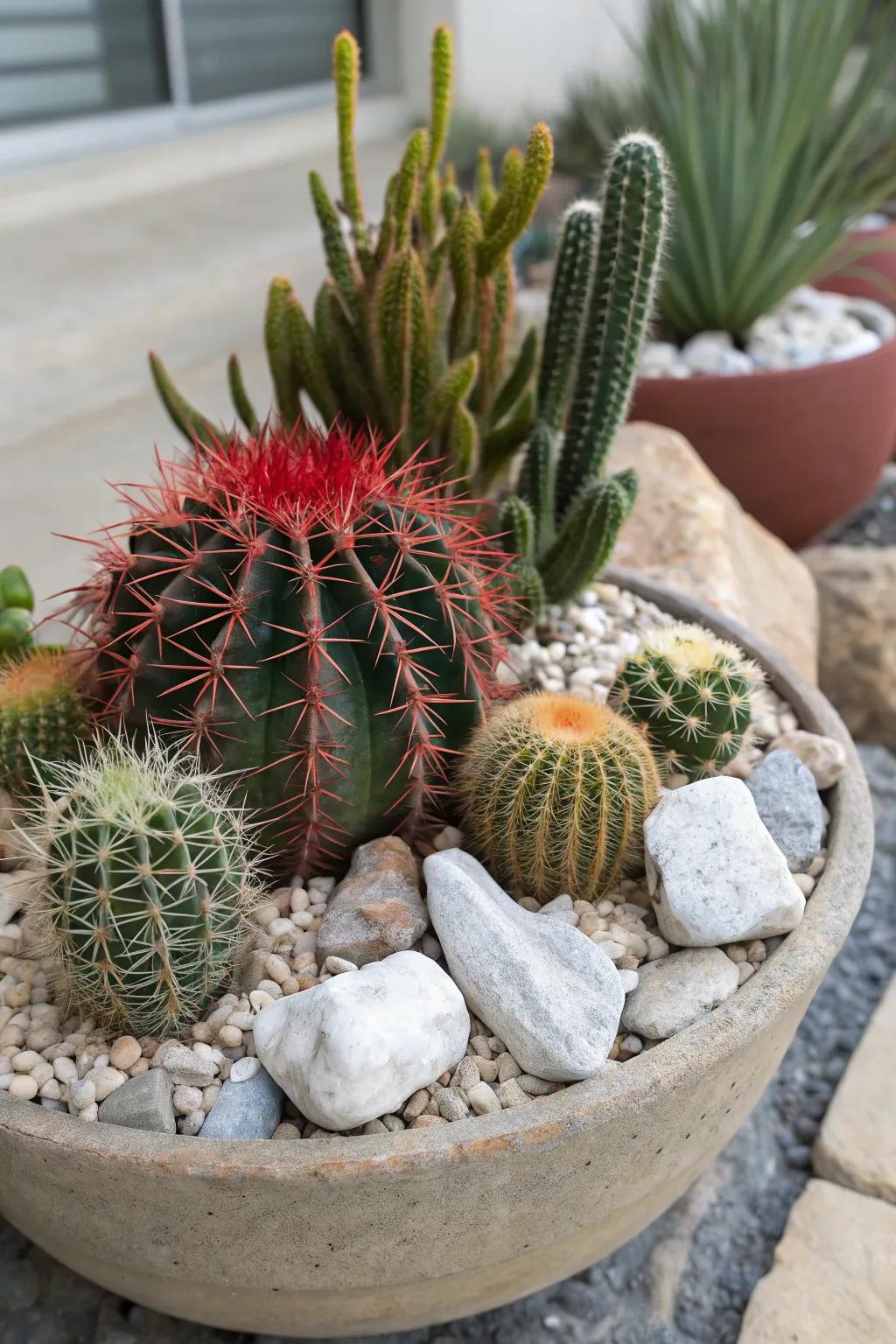 Cacti accented with rocks and gravel for a natural look.