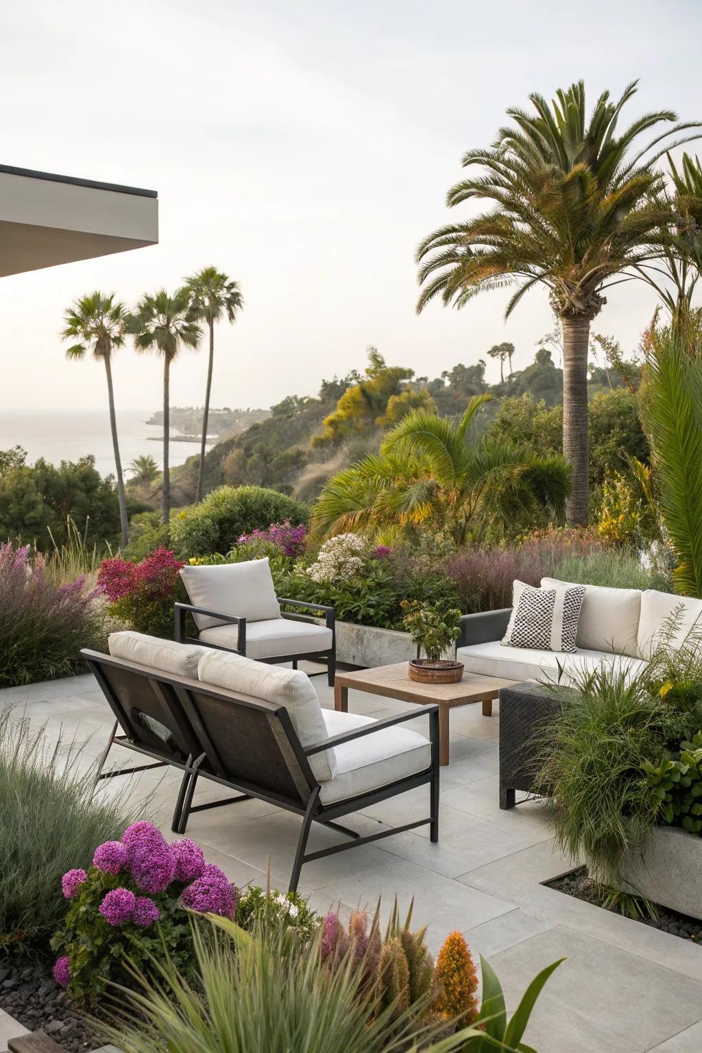A modern patio offering a perfect blend of comfort and natural beauty.