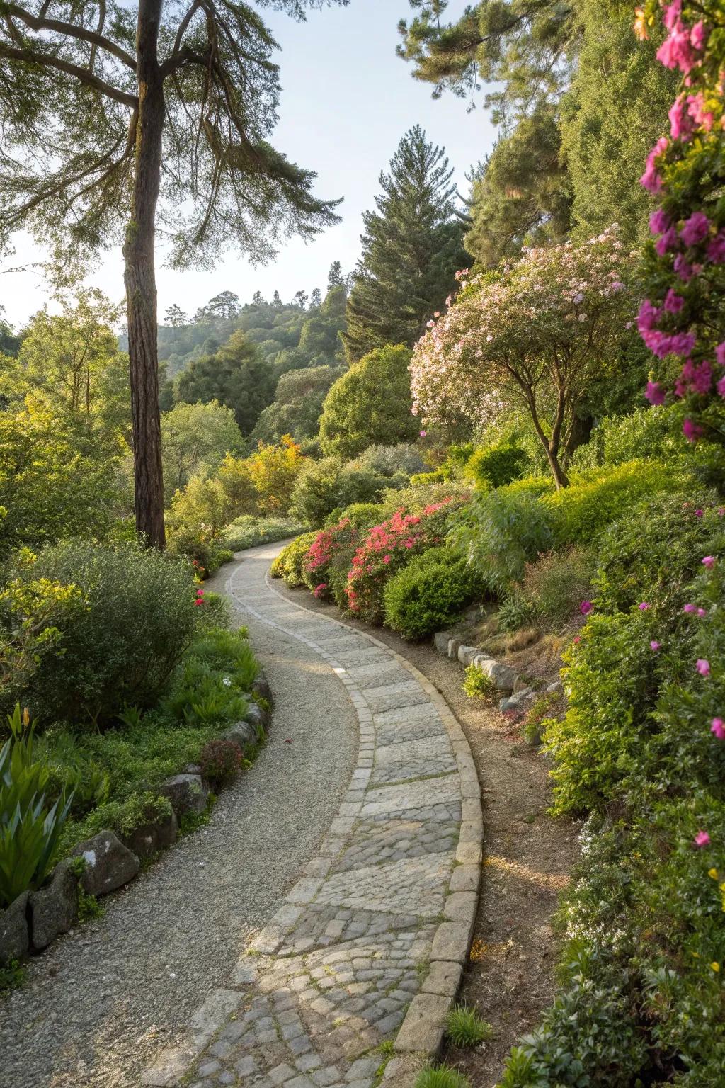 A charming garden pathway winding through a lush landscape.
