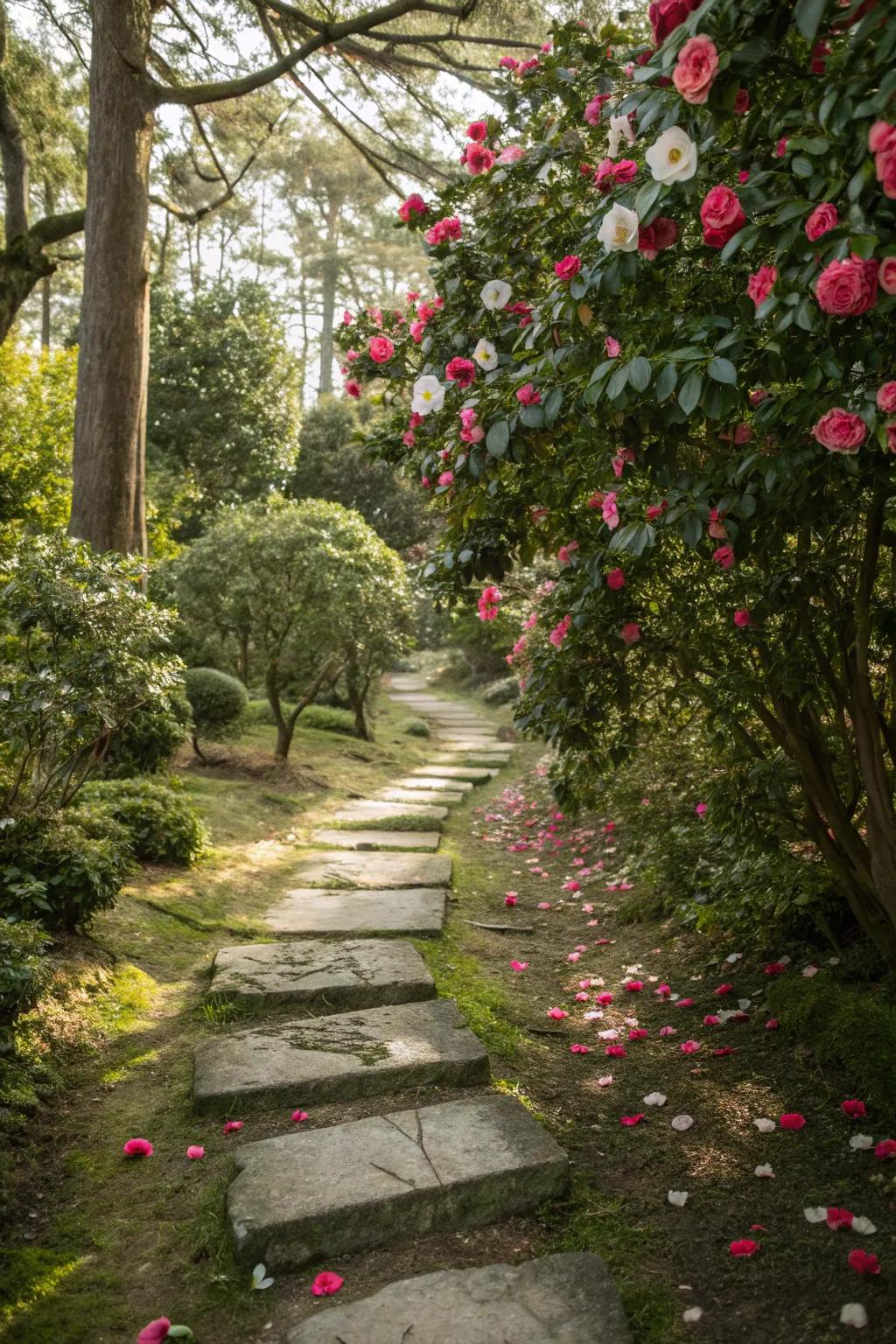 A garden path transformed into a floral wonderland with camellias.