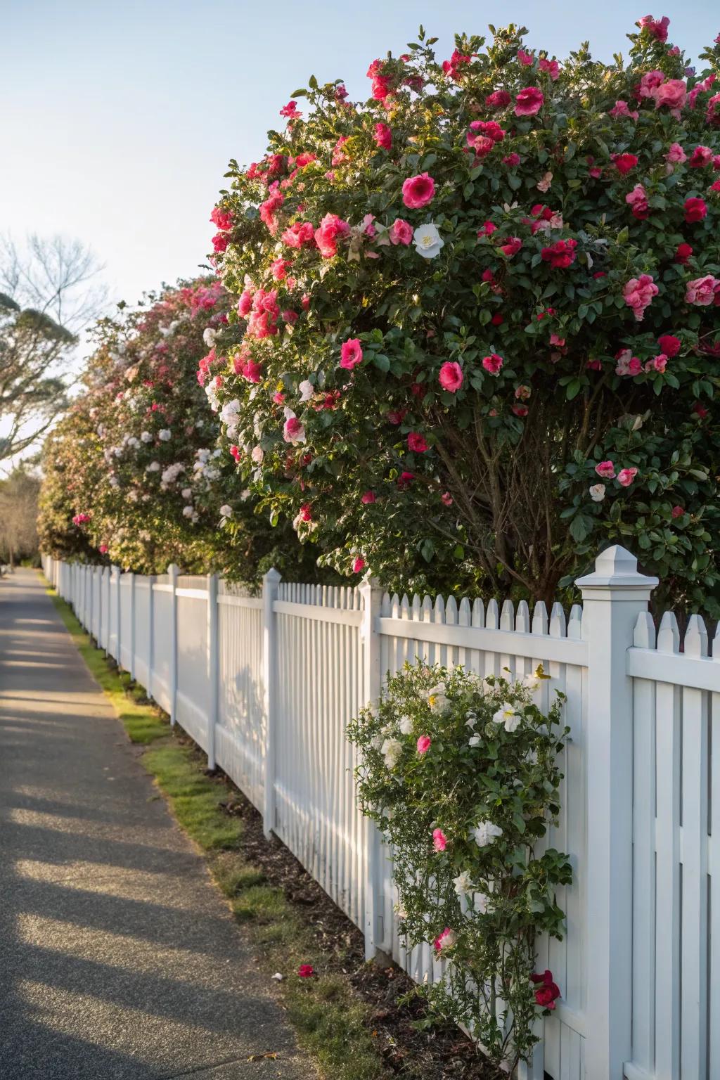 Camellias form a natural privacy screen in garden spaces.