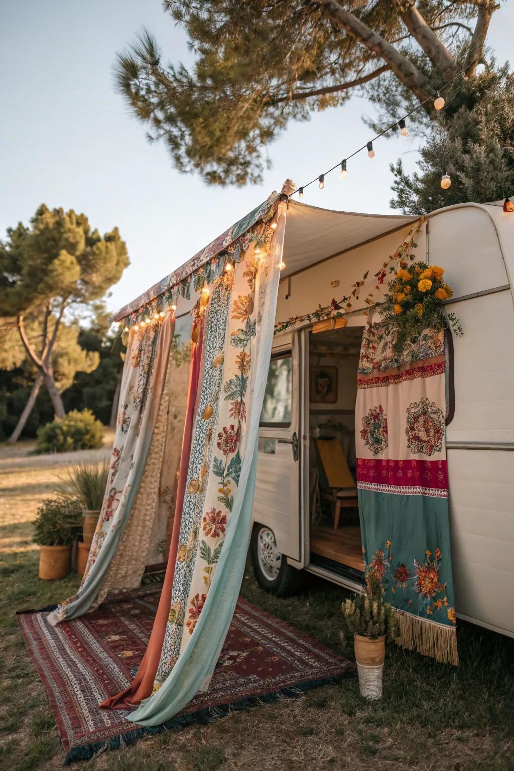 Add boho flair with vibrant fabric drapes.