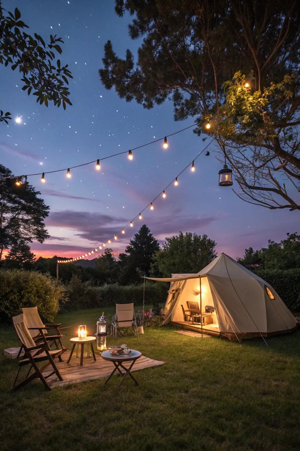 String lights add a whimsical glow to your campout.
