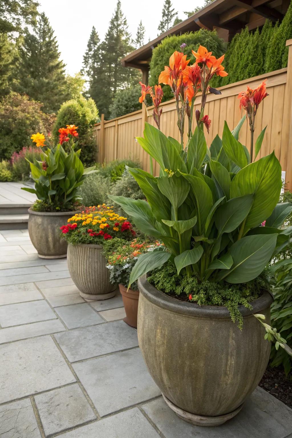 Canna lilies add a tropical touch to a patio with their container setup.