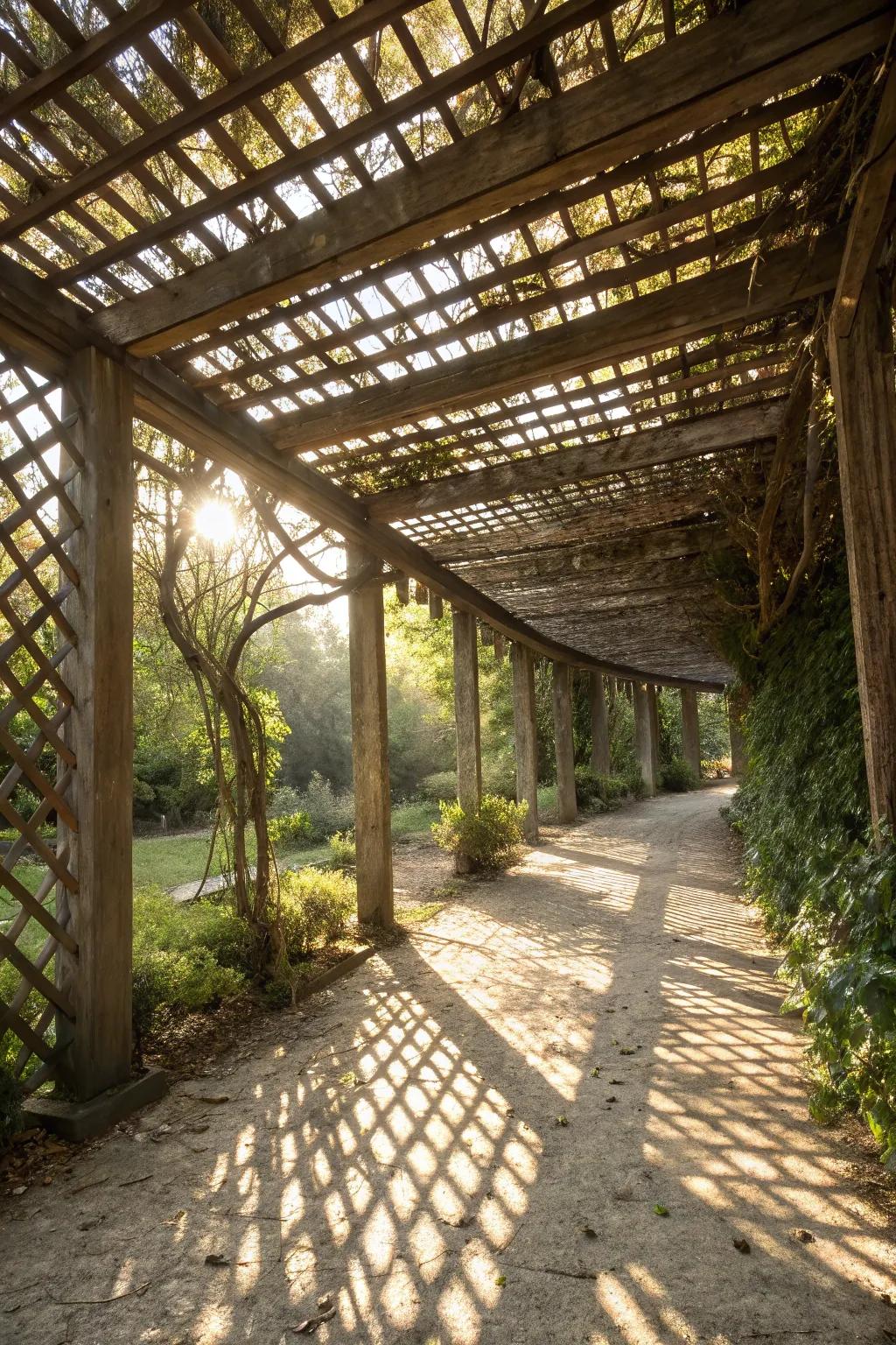 A rustic wooden lattice creates a dappled light effect in the garden.