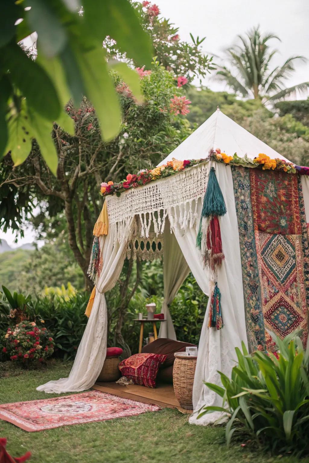 A bohemian-inspired canopy tent for a laid-back vibe.