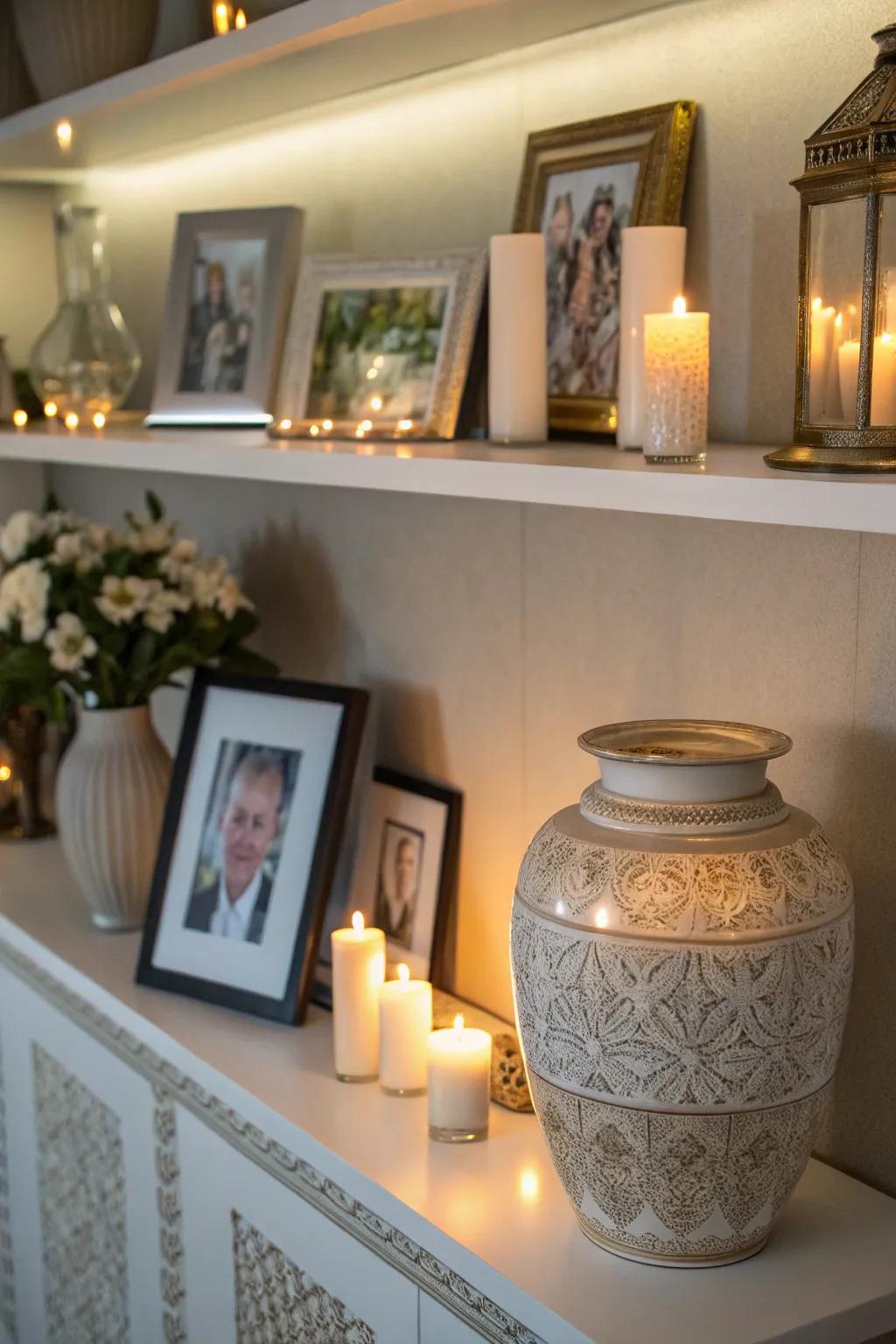 A shelf turned into a serene space with a decorative urn and mementos.