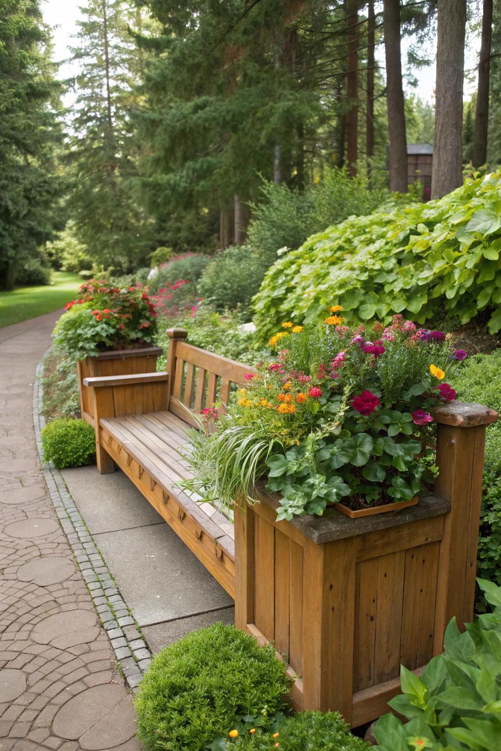 A cedar bench with built-in planters creates a lively seating area.