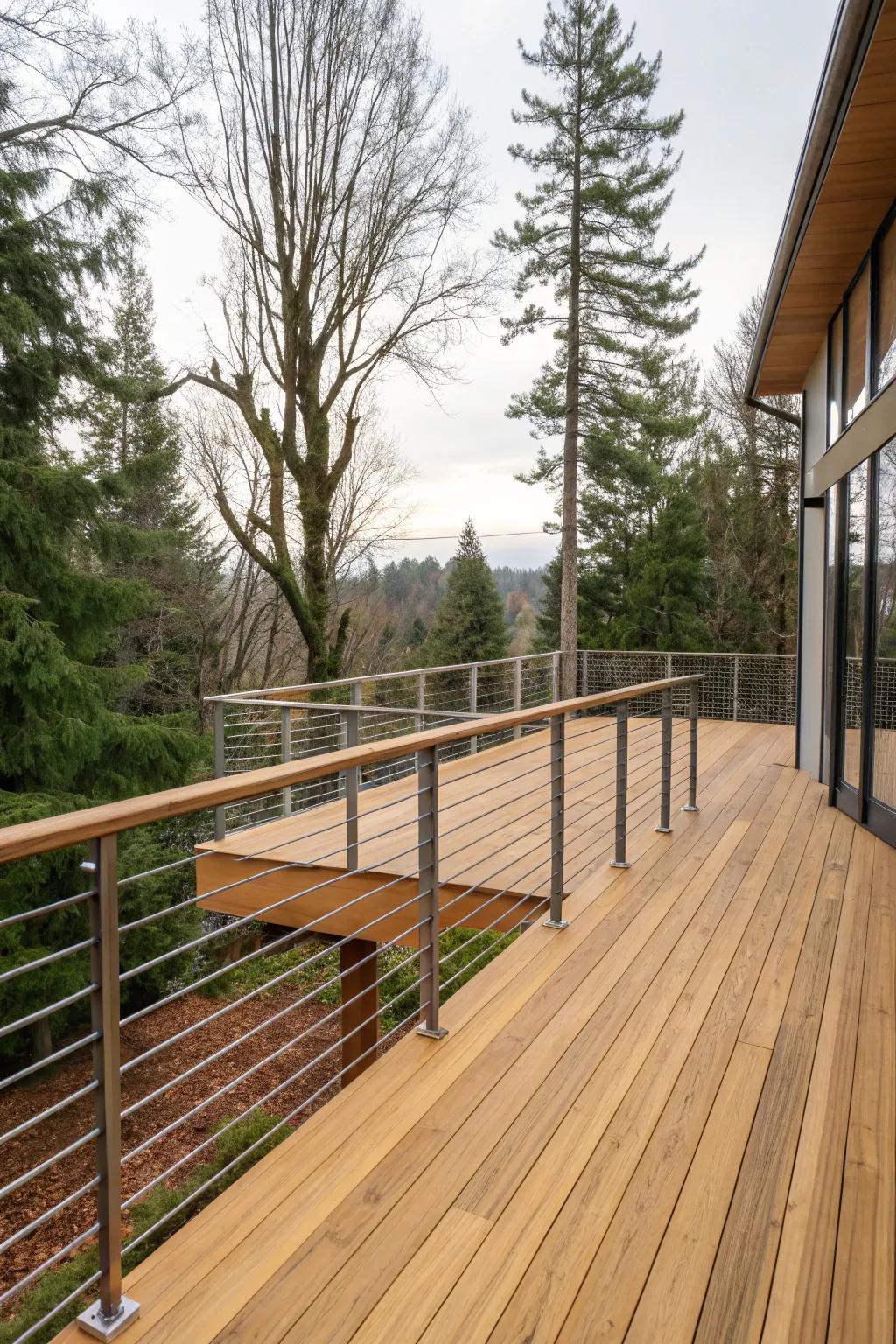 Modern metal railings enhance the style of a cedar deck.