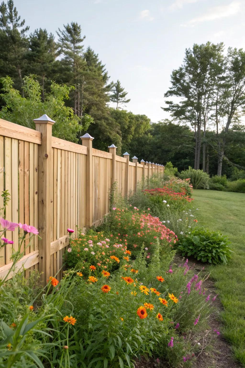 Natural wood finish cedar fence enhances organic beauty.