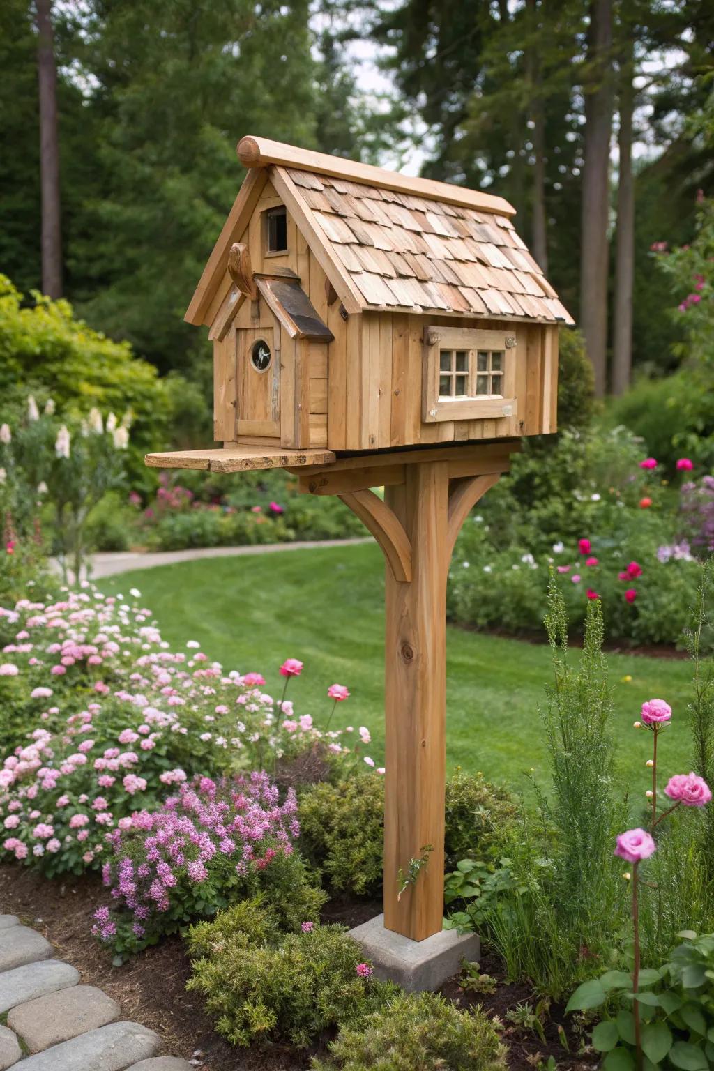 A delightful house-shaped cedar mailbox that's a home away from home.