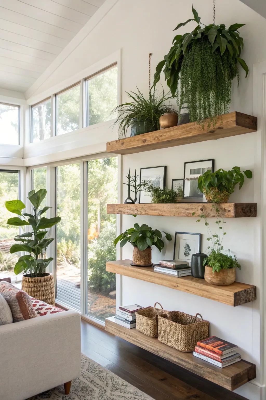 Cedar slab floating shelves in a stylish living space.