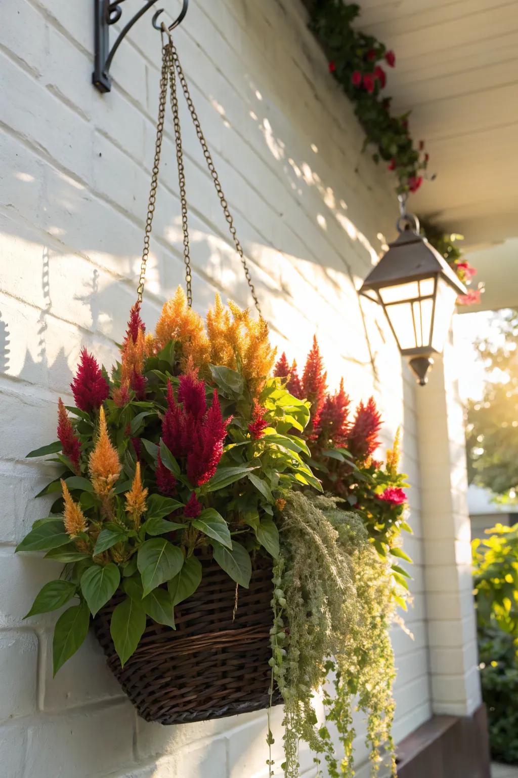 Hanging baskets offer a dynamic way to display celosia.