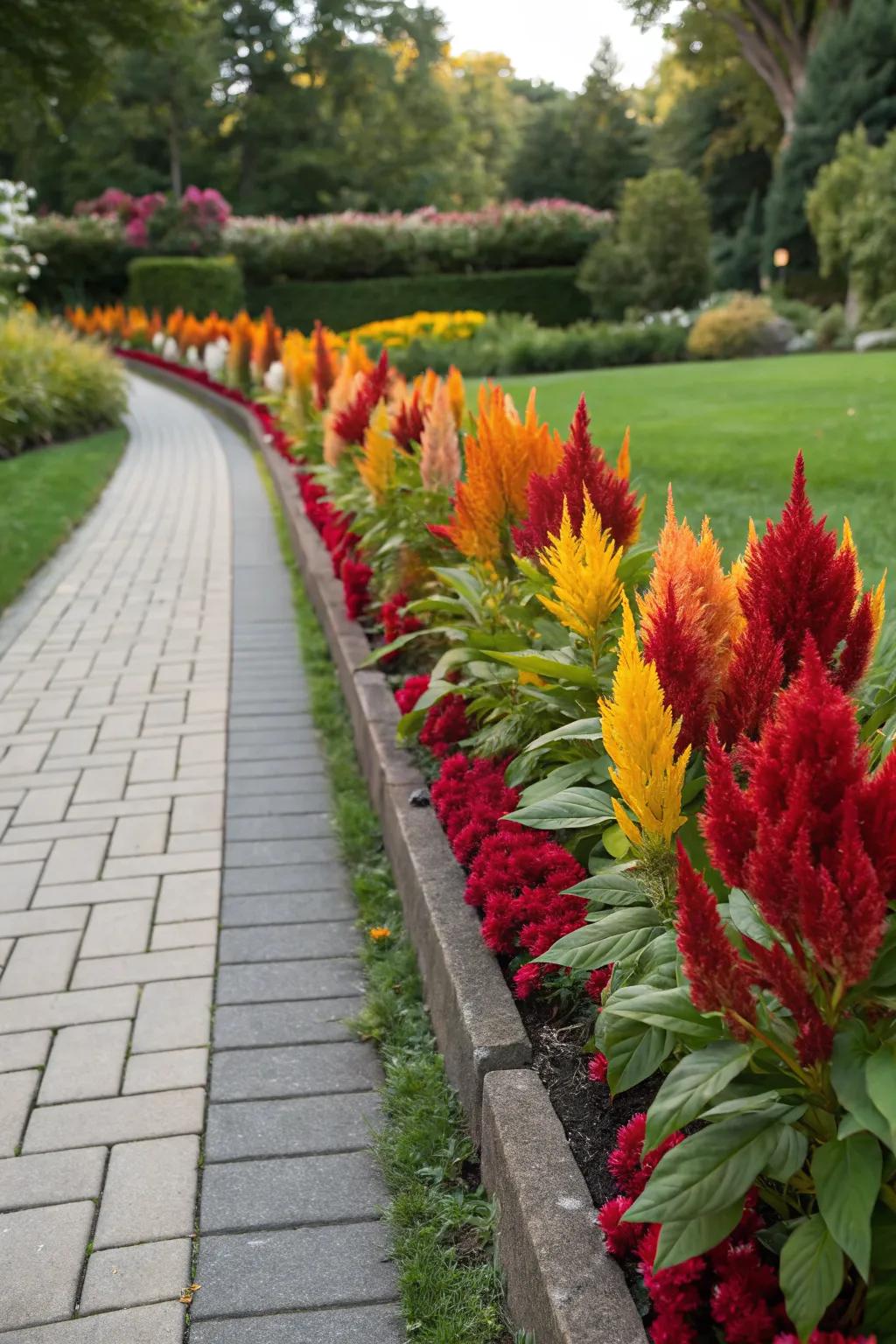 Celosia borders add vibrant structure to garden paths.