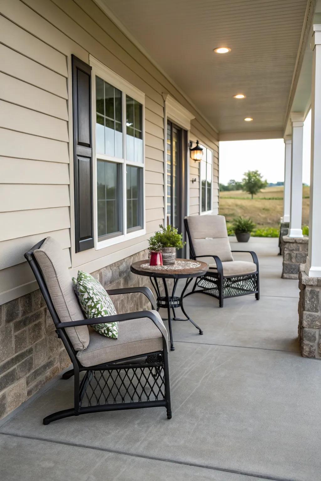 Comfortable seating turns your cement porch into a cozy retreat.