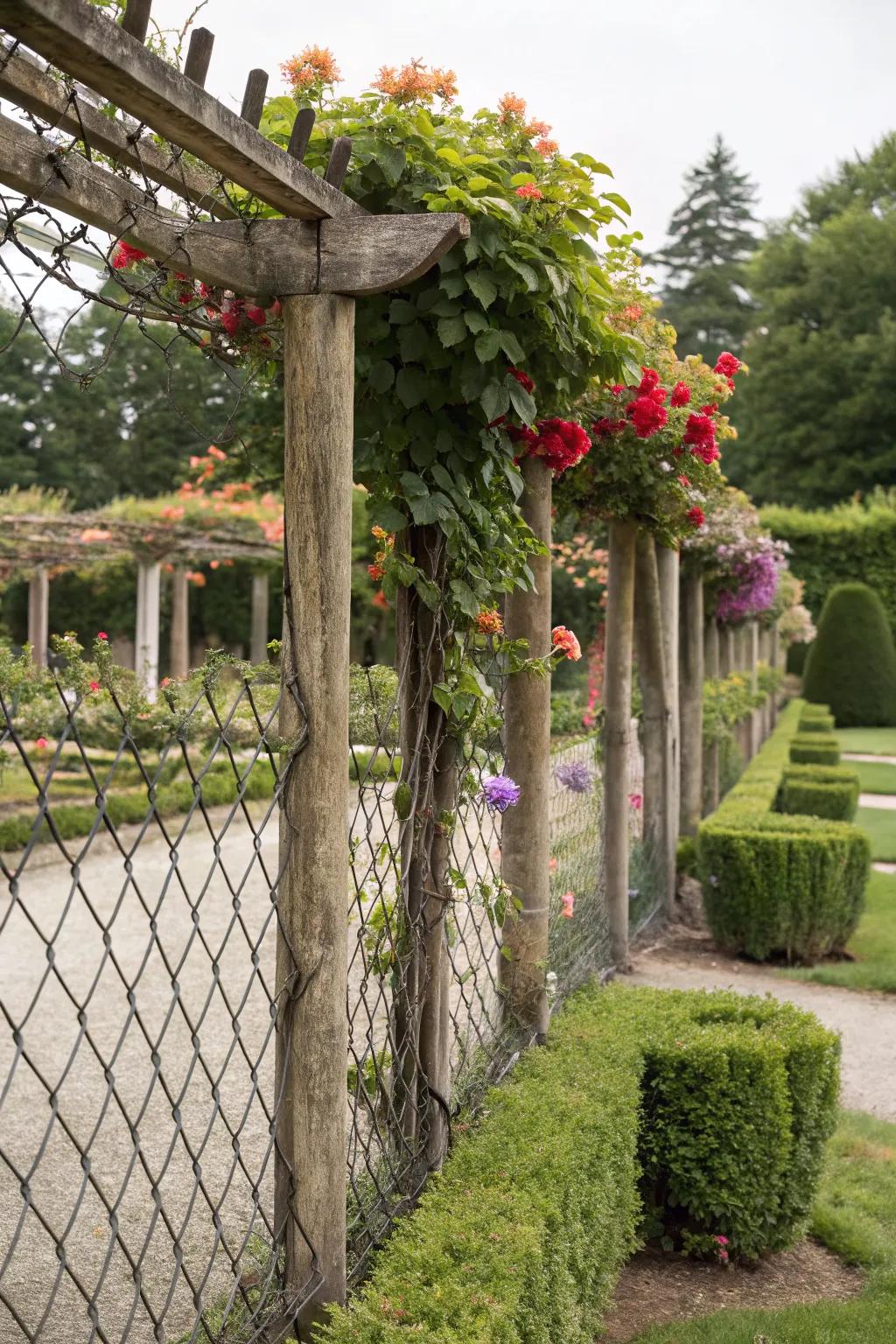 Artistic trellises add beauty and structure to chain link fences.