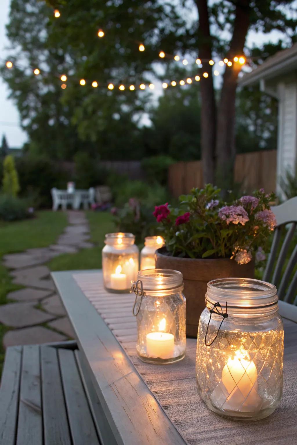 Charming mason jar lanterns add a personal touch.