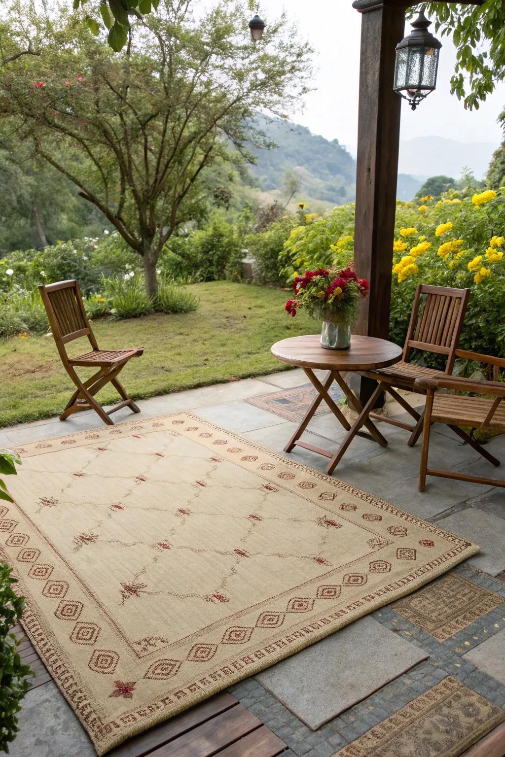 An outdoor rug adds warmth and style to a patio.