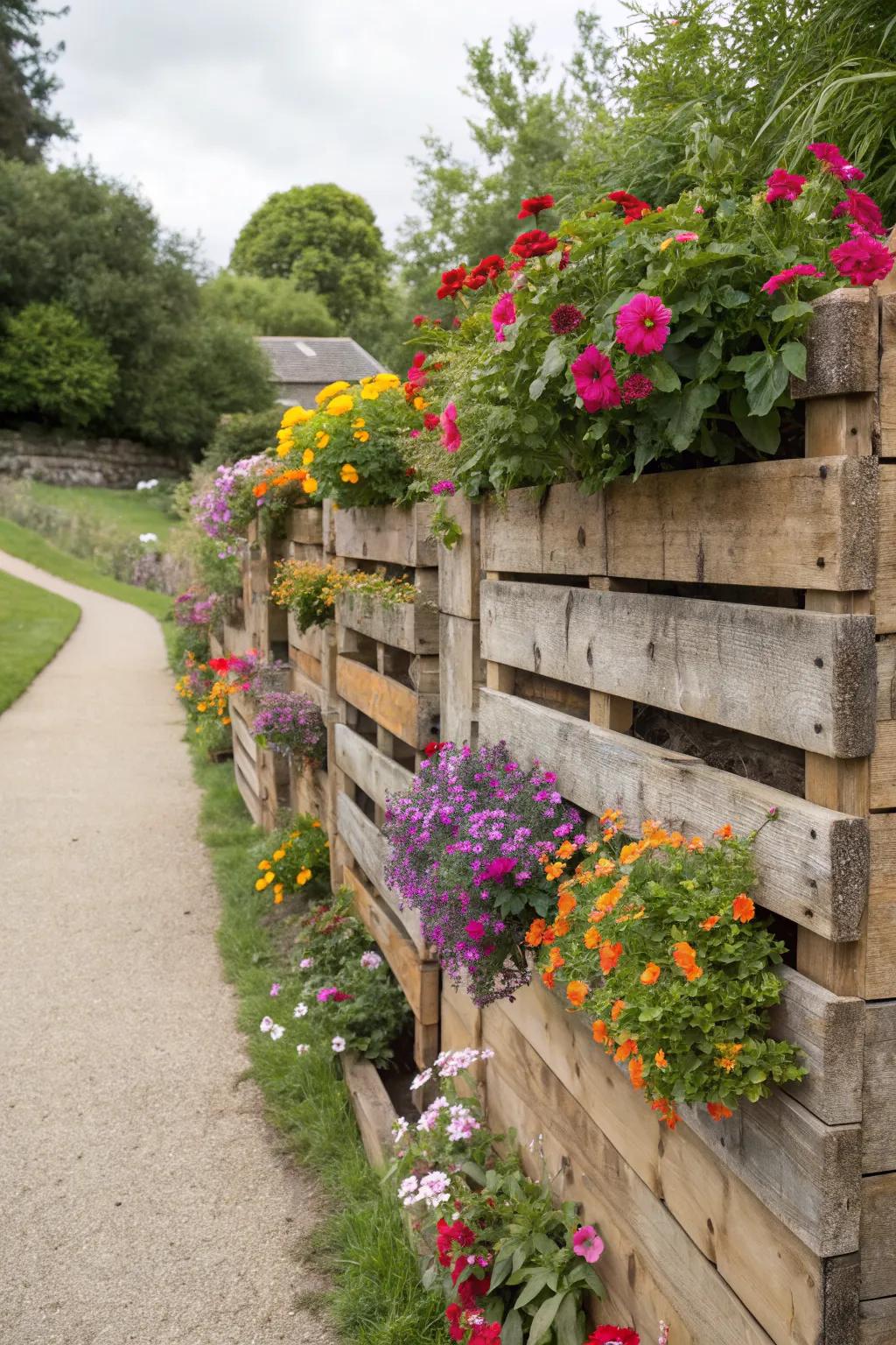 A garden wall made from reclaimed wood and pallets.