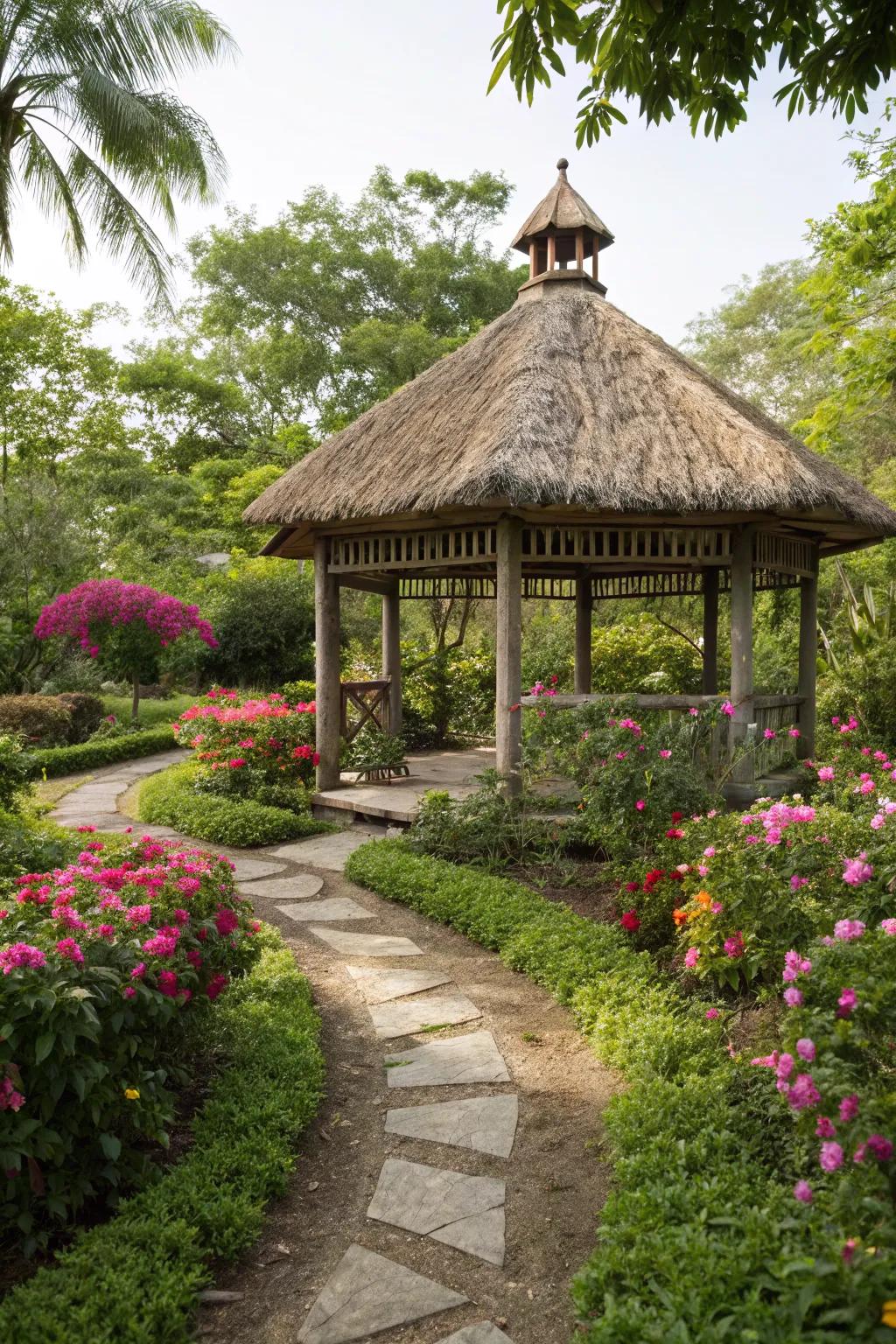 Synthetic thatch gives your gazebo a tropical flair.