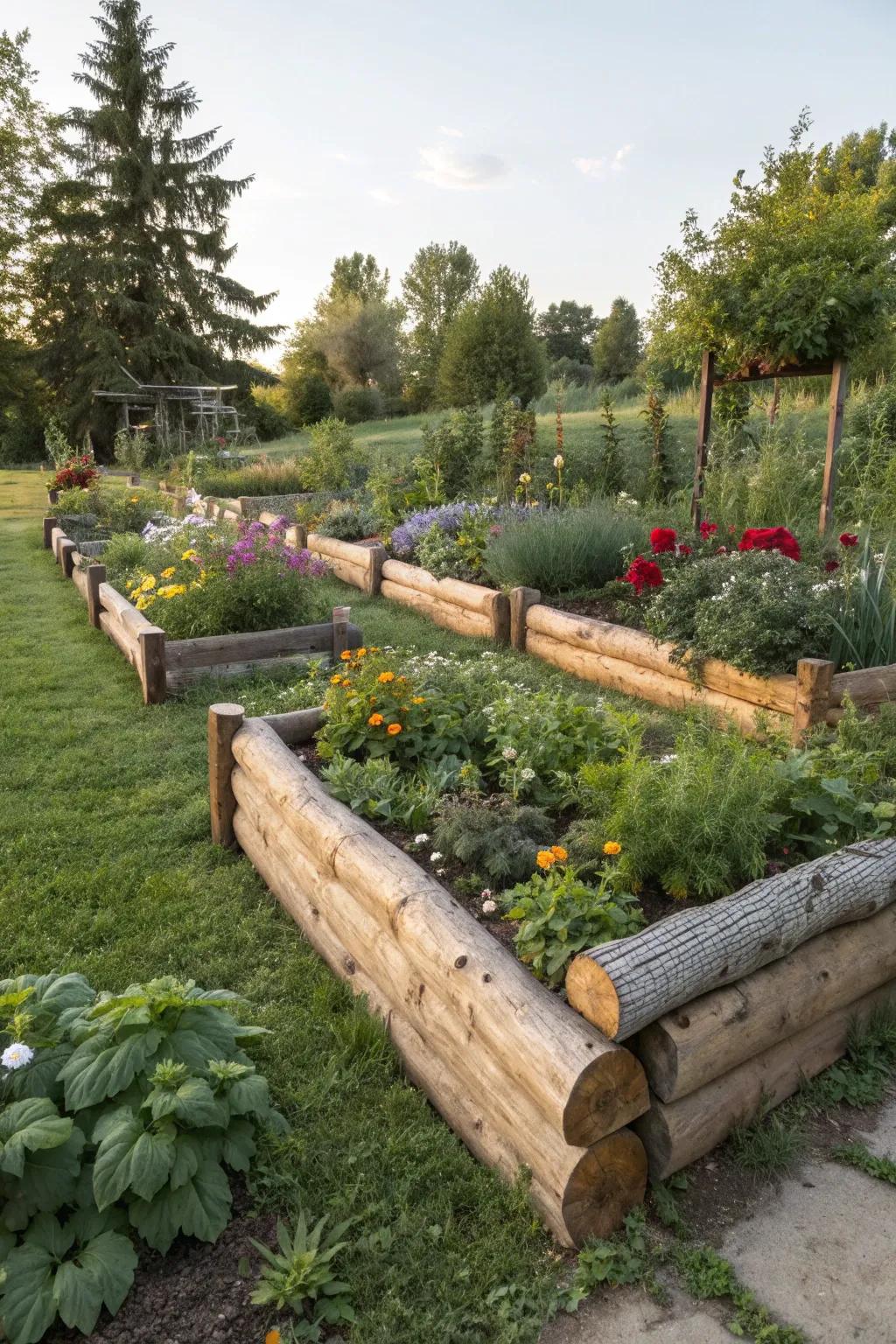 Wooden edging adds a warm, earthy touch to garden spaces.