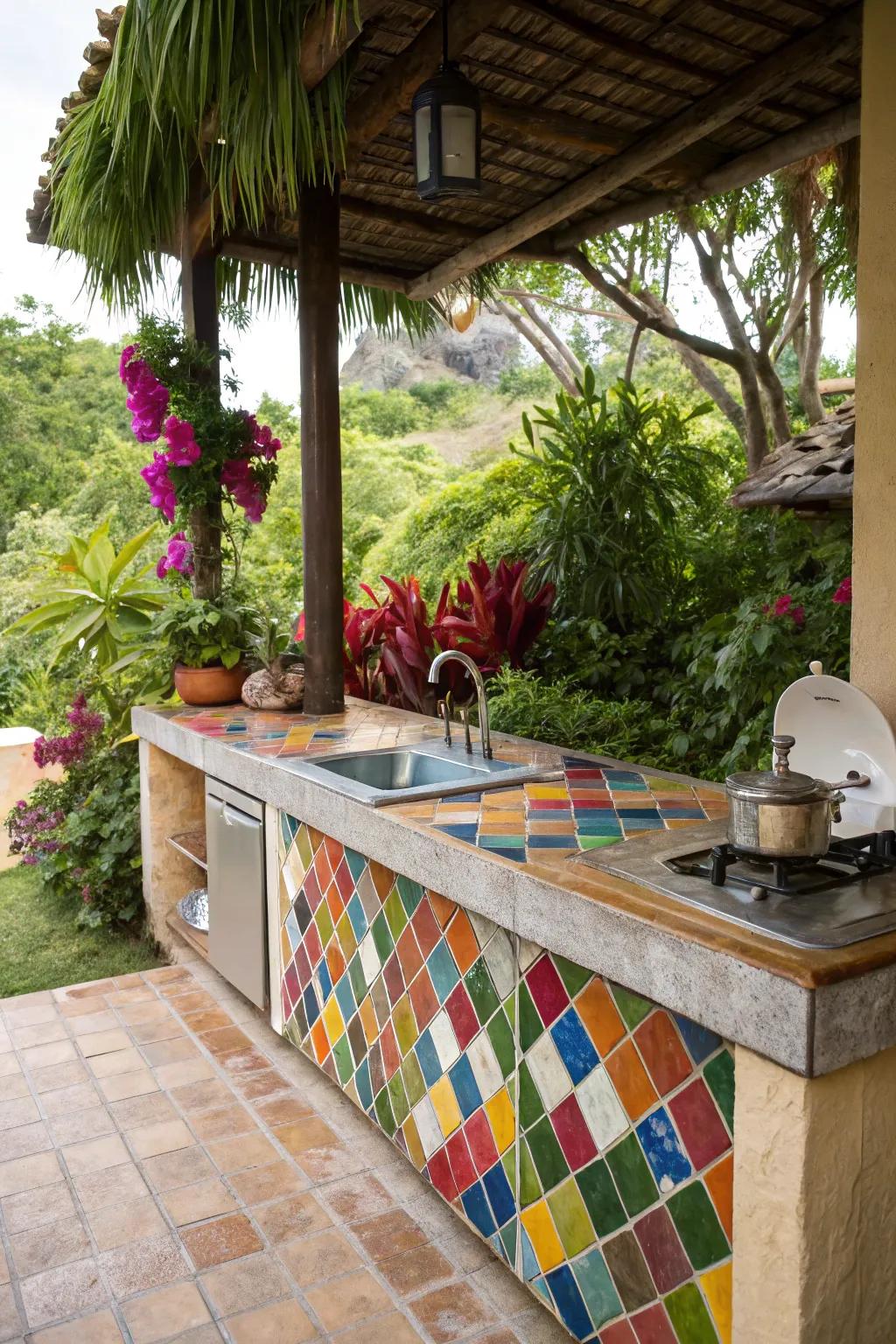 Tile countertops provide a splash of color and style, perfect for a lively garden kitchen.