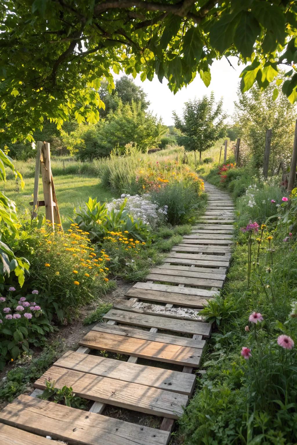 Wooden pallets can be transformed into charming garden paths.