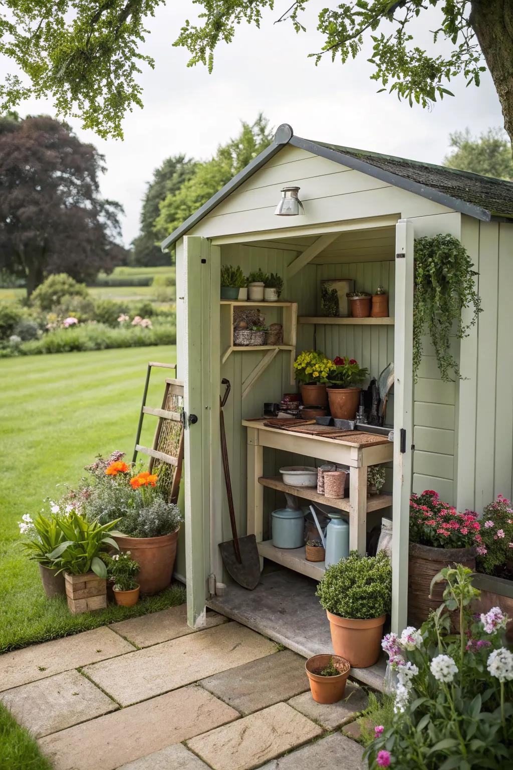 A compact shed that maximizes space with a built-in potting bench.