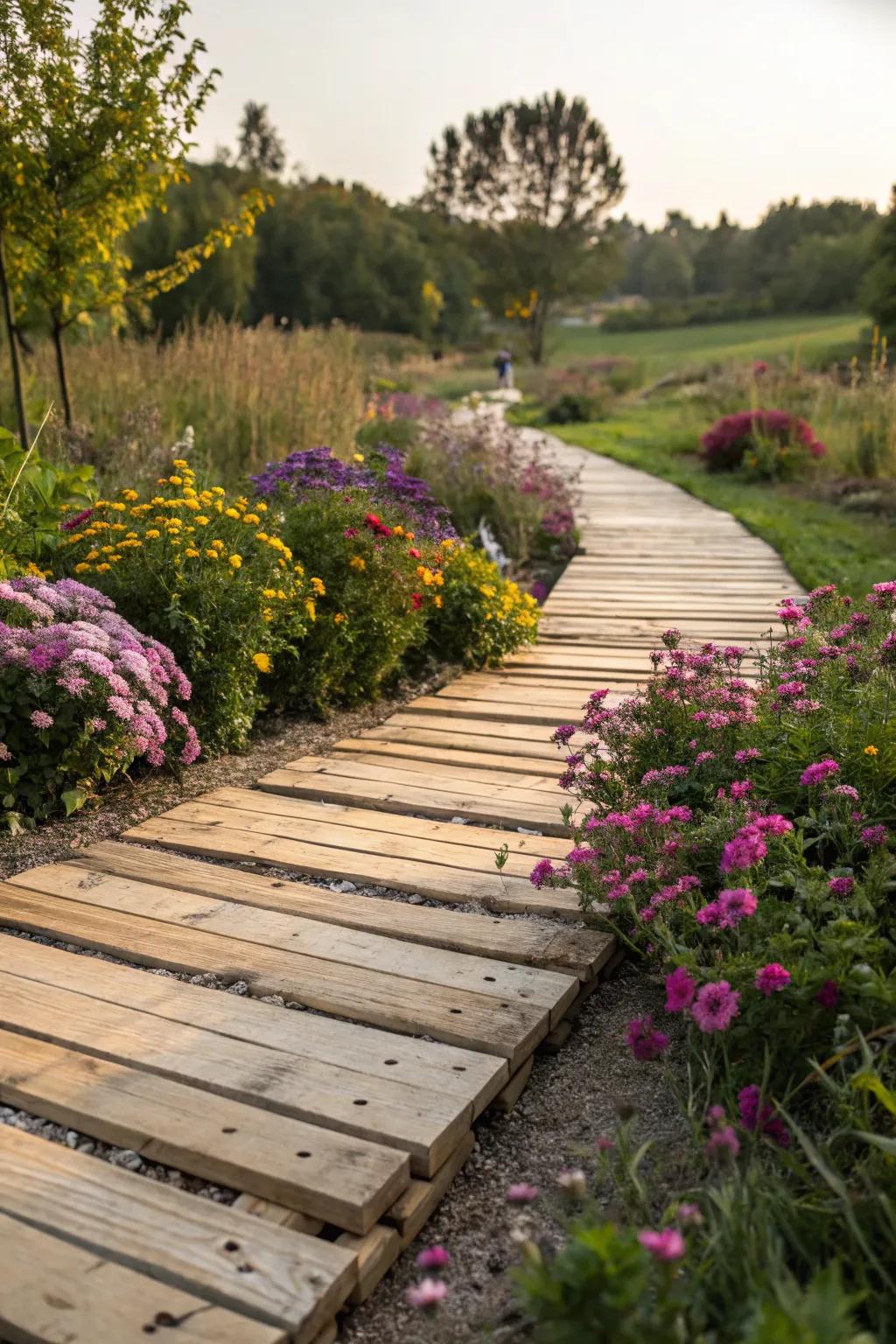 Pallet wood walkways are a creative and eco-friendly choice.